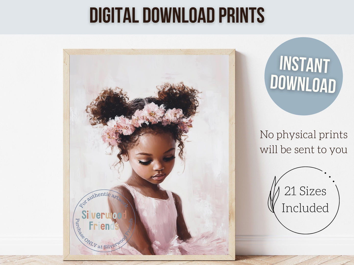 Black Ballerina Nursery Print, African American Ballerina Nursery Decor, Little Black Girl Pink Floral Ballet Nursery Wall Art Digital Print