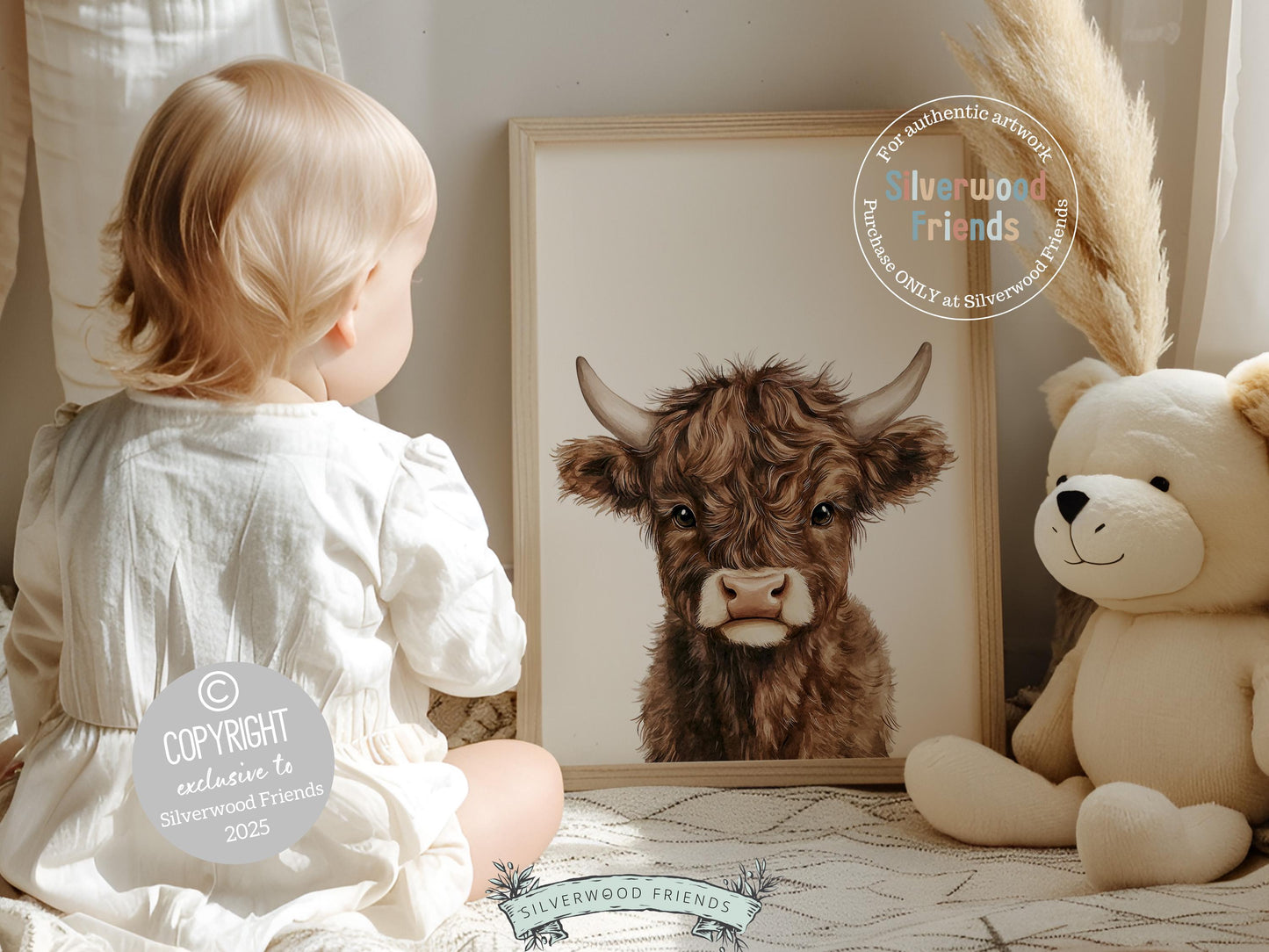 Peeking Highland Cow Nursery Print, Baby Highland Cow Nursery Decor Gift, Gender Neutral Baby Farm Animal Bedroom Wall Decor Digital Print