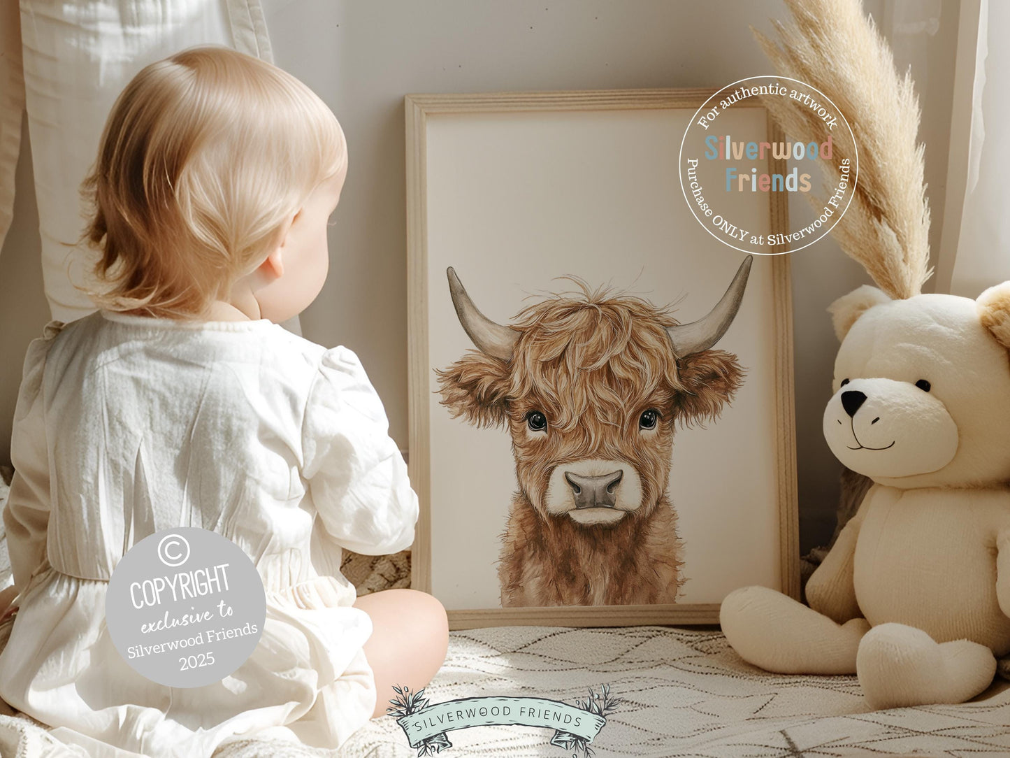 Peeking Highland Cow Nursery Print, Baby Highland Cow Nursery Decor Gift, Gender Neutral Baby Farm Animal Nursery Wall Decor Digital Print