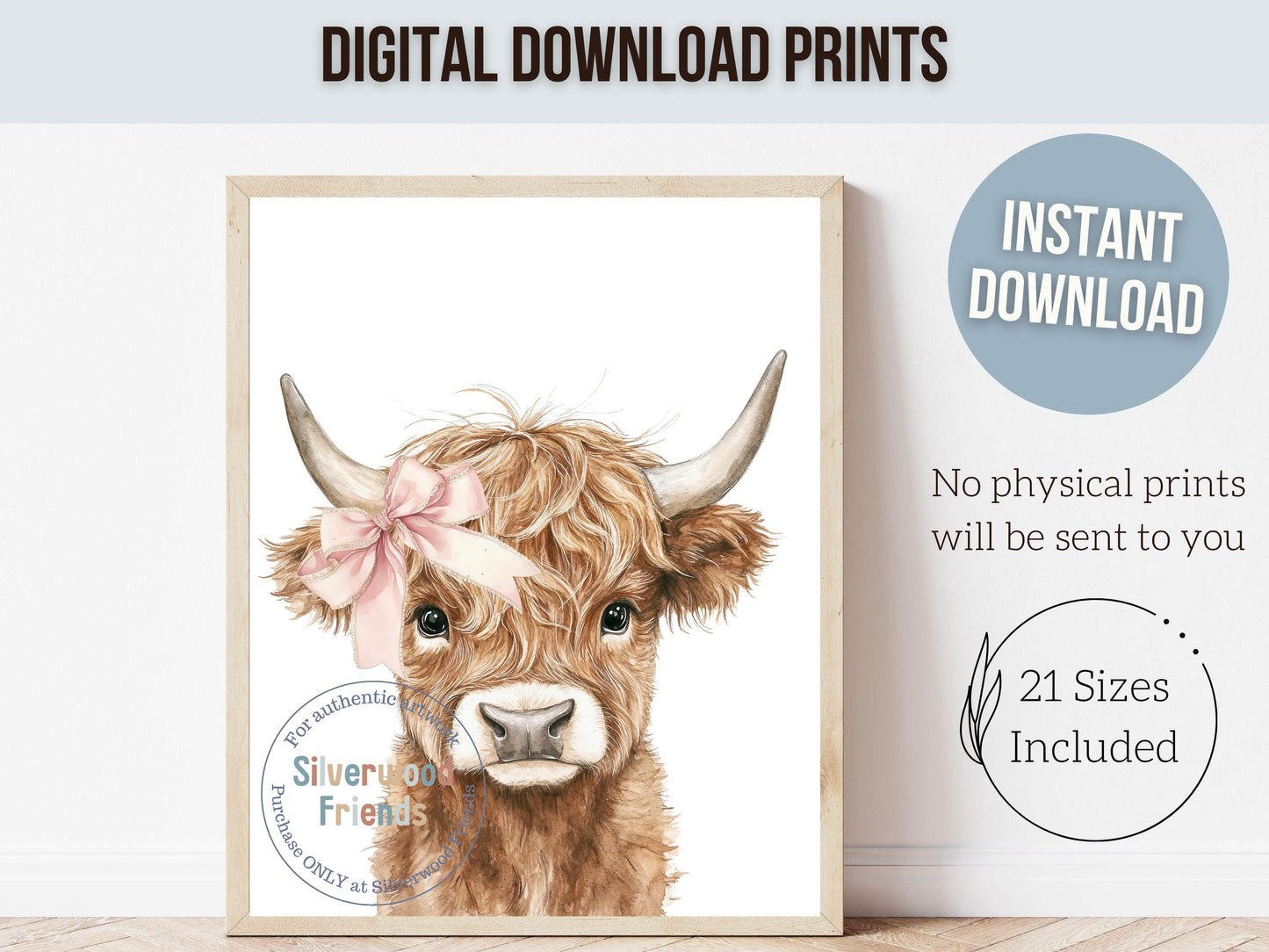 Baby Girl Highland Cow Nursery Print, Baby Girl Highland Cow Bow Nursery Decor, Western Cowgirl Country Farm Animal Nursery Digital Print