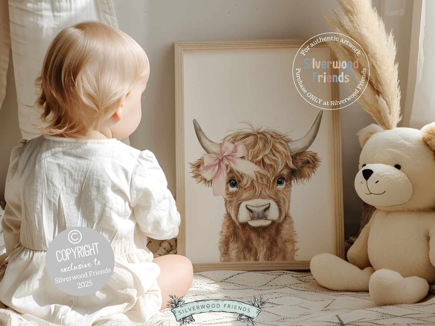Baby Girl Highland Cow Nursery Print, Baby Girl Highland Cow Bow Nursery Decor, Western Cowgirl Country Farm Animal Nursery Digital Print