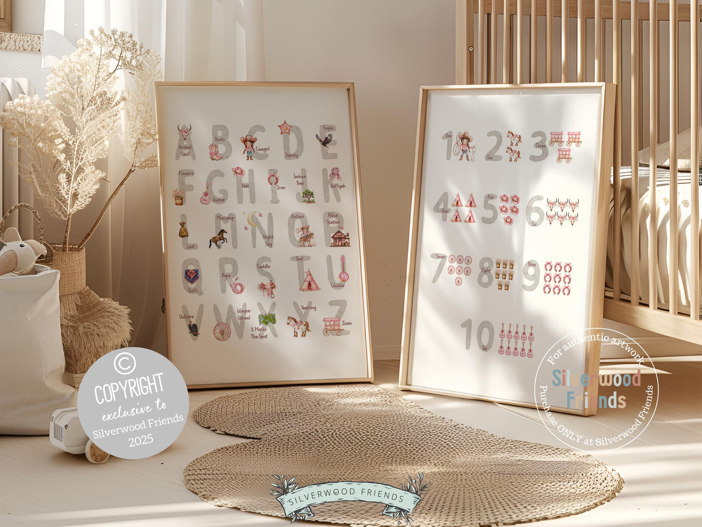 Cowgirl Alphabet and Number Print, Baby Girl Western Nursery Decor, Farmhouse Playroom Decor, Educational Classroom ABC Poster Digital Print