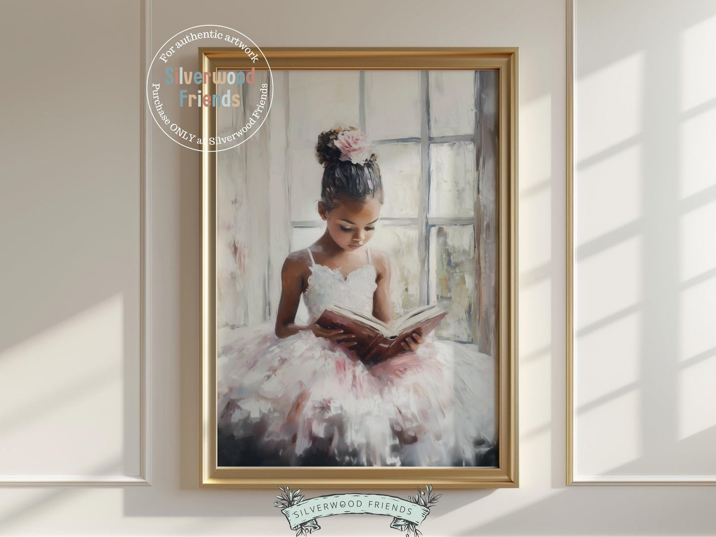 Add charm and elegance to your baby girl's room with our Ballet Nursery Print, featuring an African American little ballerina reading in her tutu. Perfect for ballet themed or book-loving spaces, this sweet artwork inspires imagination and a love for learning and dance.
