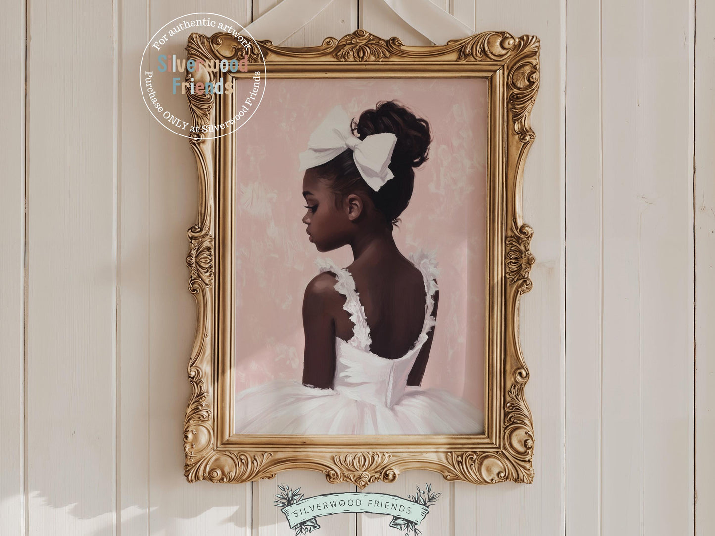 Capture the magic of childhood with our Ballet Nursery Print, featuring a tender profile view of an African American little ballerina in a white tutu. Perfect for ballet-themed nurseries or dreamy play spaces, this heartwarming artwork celebrates innocence, imagination, and the beauty of little moments.