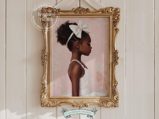 Celebrate the wonder of childhood with our Ballet Nursery Print, showcasing a sweet profile view of an African American little ballerina in a white tutu. Ideal for ballet-themed nurseries or whimsical play spaces, this charming artwork brings to life the innocence, imagination, and quiet magic of a child’s world.