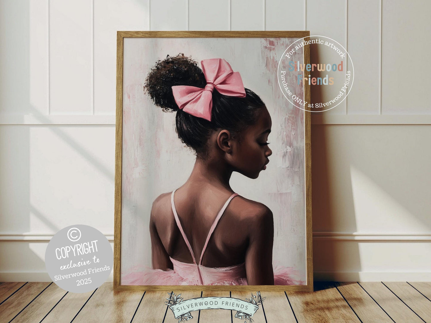 Capture the magic of childhood with our Ballet Nursery Print, featuring a tender profile view of an African American little ballerina in a white tutu. Perfect for ballet-themed nurseries or dreamy play spaces, this heartwarming artwork celebrates innocence, imagination, and the beauty of little moments.