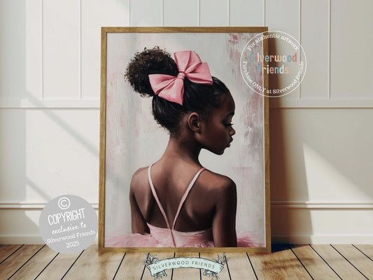 Capture the magic of childhood with our Ballet Nursery Print, featuring a tender profile view of an African American little ballerina in a white tutu. Perfect for ballet-themed nurseries or dreamy play spaces, this heartwarming artwork celebrates innocence, imagination, and the beauty of little moments.