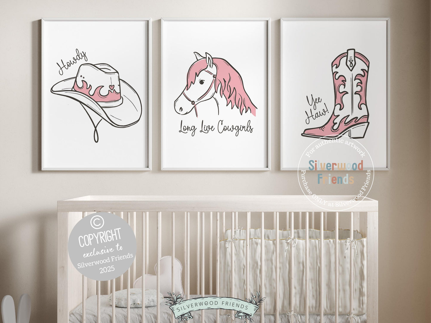 Add a touch of western charm to your baby girl’s space with our Silverwood Friends Set of 3 Cowgirl Nursery Prints, featuring minimalist line art of cowgirl essentials in soft pink and brown tones. These stylish prints are perfect for a western-themed nursery or a unique and thoughtful baby shower gift.