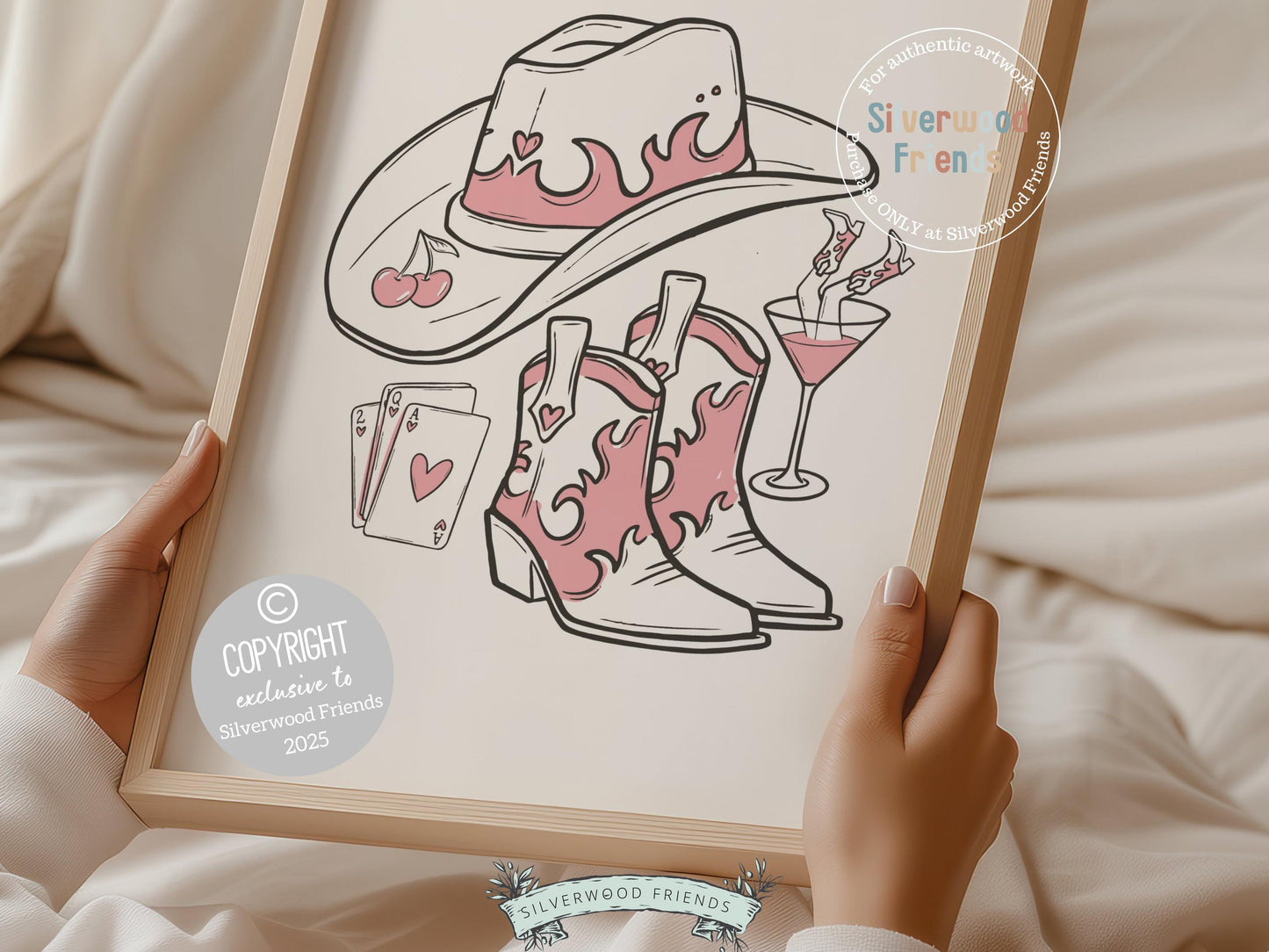 Bring a bit of western sass to your space with our Cowgirl Print, showcasing chic line drawings of a cowgirl hat, boots, martini glass, and playing cards. Perfect for country-themed decor, this versatile artwork adds playful charm to any cowgirl-inspired room or gallery wall.