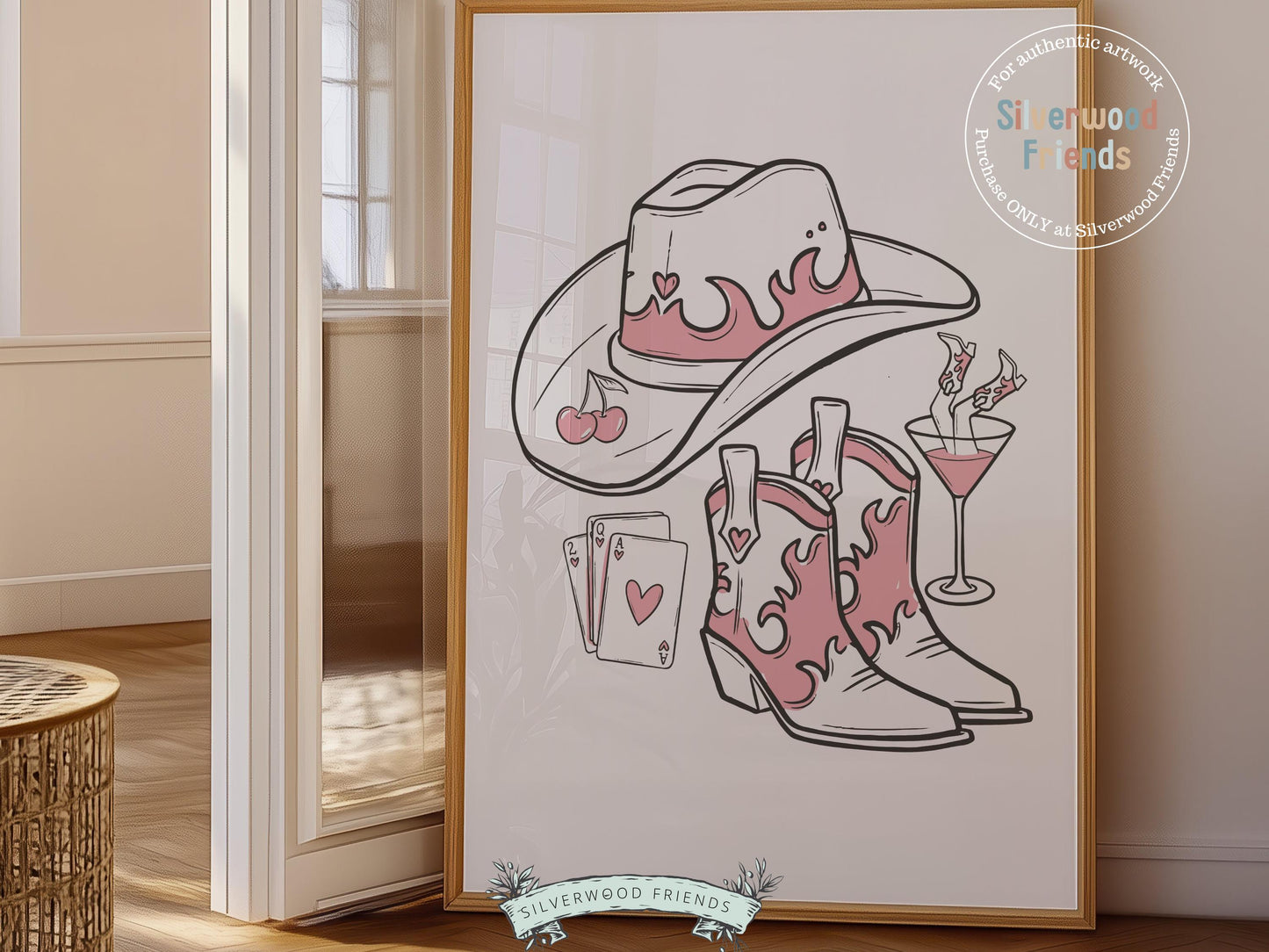 Bring a bit of western sass to your space with our Cowgirl Print, showcasing chic line drawings of a cowgirl hat, boots, martini glass, and playing cards. Perfect for country-themed decor, this versatile artwork adds playful charm to any cowgirl-inspired room or gallery wall.