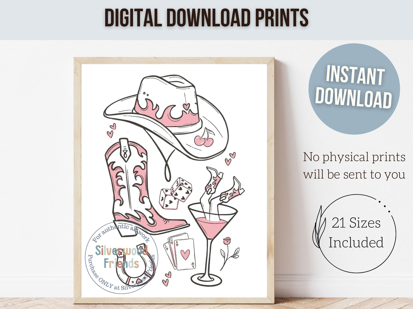 Pink Cowgirl Hat Print, Cowgirl Boots Print, Martini Print, Coquette Room Decor, Western Horse Shoe Wall Art, Dopamine Decor Digital Print