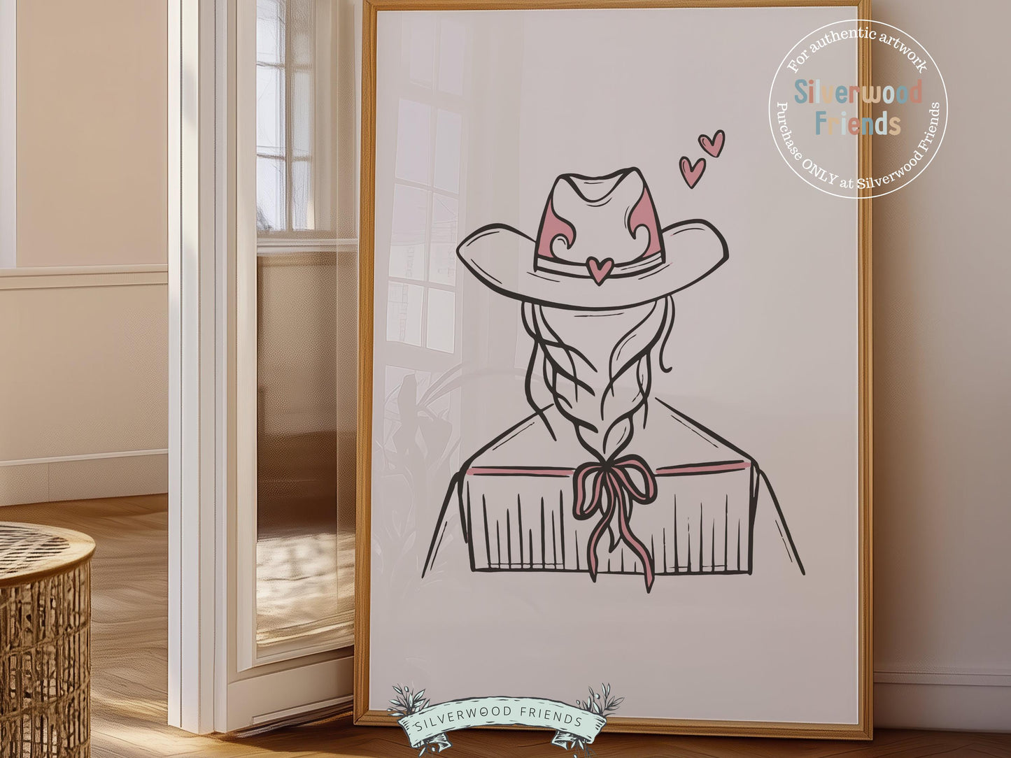 Add a touch of western charm to your space with our Cowgirl Print, showcasing a stylish line drawing of a cowgirl in a hat, illustrated in soft pink and brown tones. Perfect for country-themed decor, this versatile piece adds a playful yet feminine flair to any cowgirl-inspired room or gallery wall.