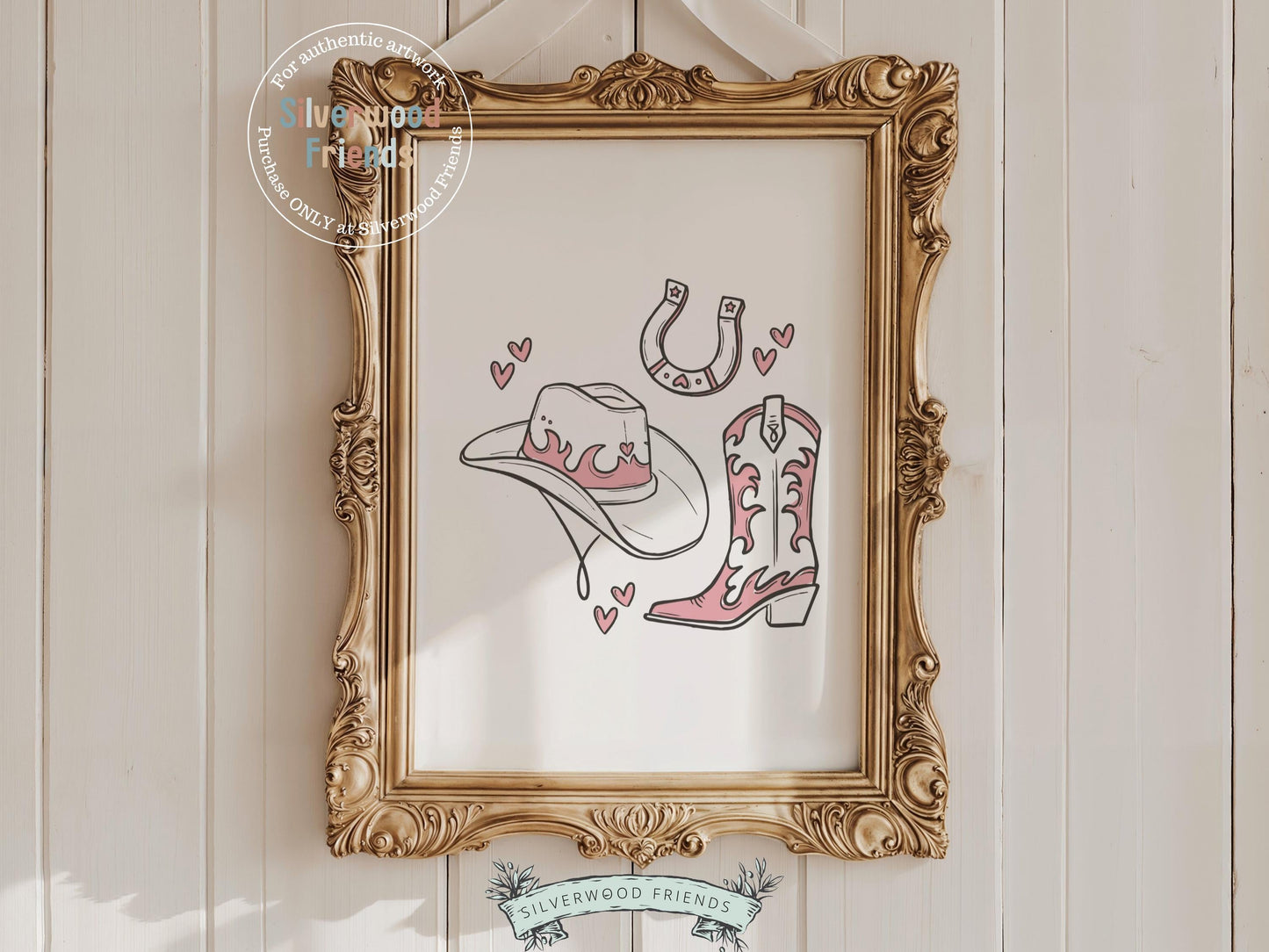 Bring a bit of western sass to your space with our Cowgirl Print, showcasing chic line drawings of a cowgirl hat, boots, horseshoe and little love hearts. Perfect for country-themed decor, this versatile artwork adds playful charm to any cowgirl-inspired room or gallery wall.
