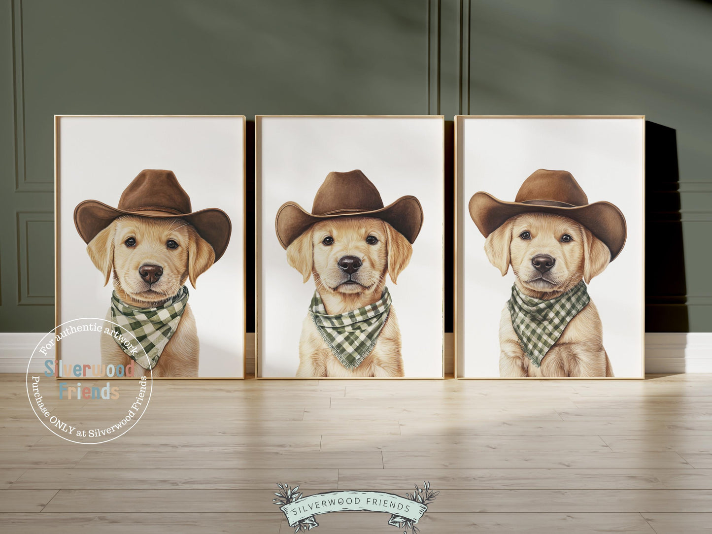 Aww! Cuteness overload! Add a touch of rustic charm to your baby's nursery with our Cowboy Nursery Prints, featuring adorable blonde labrador puppies dressed in cowboy hats and sage green check bandanas. Perfect for dog-loving families, this heartwarming artwork brings a playful western vibe and makes a thoughtful baby shower gift.