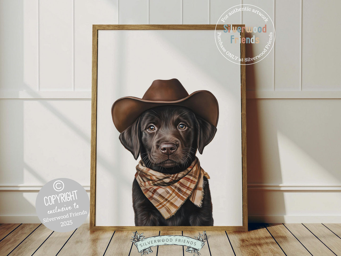 Aww, total cuteness! Add a rustic western touch to your baby’s nursery with our Cowboy Nursery Print, featuring an adorable chocolate brown Labrador puppy sporting a cowboy hat and a neutral brown check bandana. Perfect for dog-loving families, this sweet artwork brings playful charm and makes a thoughtful baby shower gift.