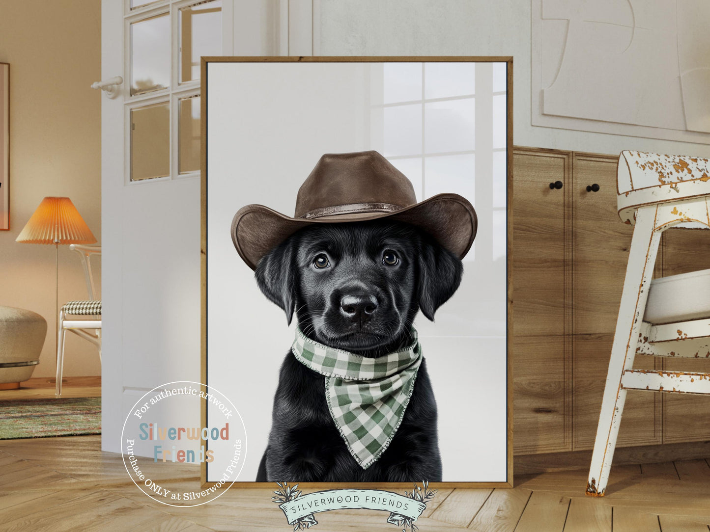 Labrador Dog Cowboy Hat Print, Neutral Cowboy Western Nursery Decor, Sage Green Nursery Wall Art, Mudroom Decor Labrador Dog Digital Print
