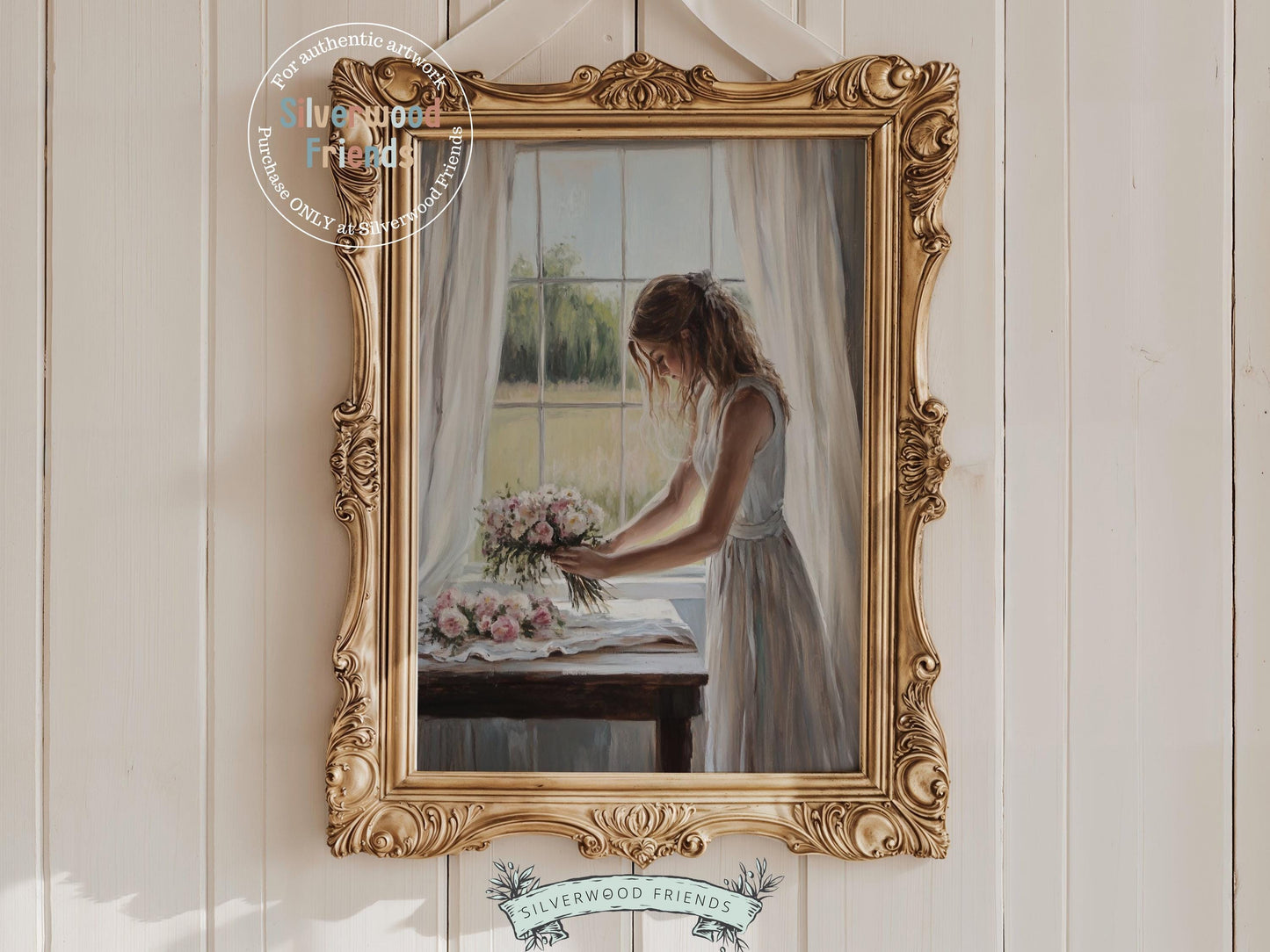 Bring a touch of rustic French charm to your space with this digital oil painting print of a woman arranging flowers at her kitchen table — perfect for farmhouse, cottagecore, or garden-inspired decor. A unique and heartfelt gift for garden lovers and vintage art enthusiasts alike.