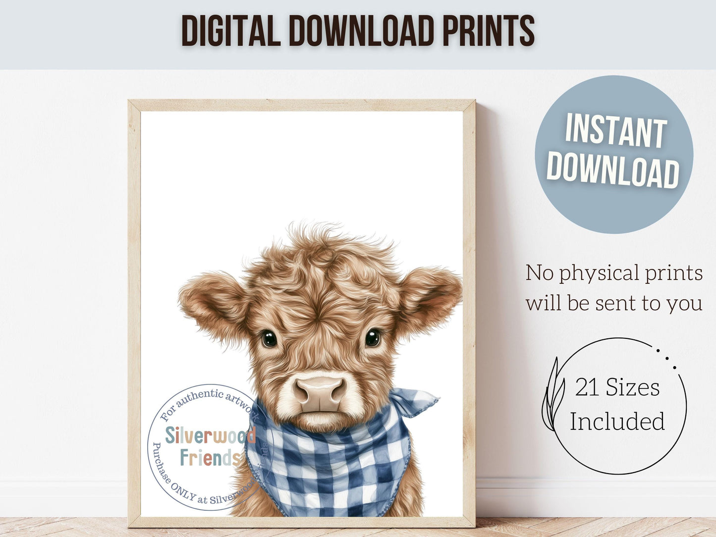 Peeking Highland Cow Nursery Print, Baby Boy Blue Highland Cow Nursery Decor, Highland Cow Gift, Boys Western Nursery Wall Art Digital Print