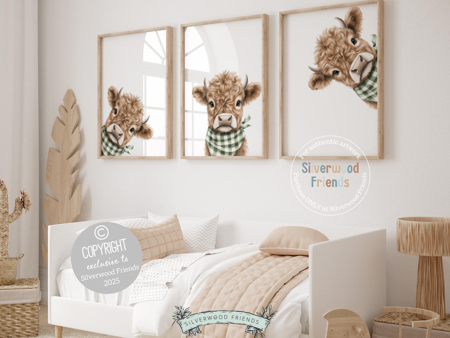 Meet the cutest little calves around! Our Peeking Highland Cow Nursery Prints feature sweet baby cows with tiny horns and green and white plaid bandanas—perfect for adding a cozy farmhouse touch. Part of our BEST SELLING collection exclusive to Silverwood Friends, these prints make an adorable addition to any farm-themed nursery and a baby shower gift that’s sure to be treasured. 🐮💚