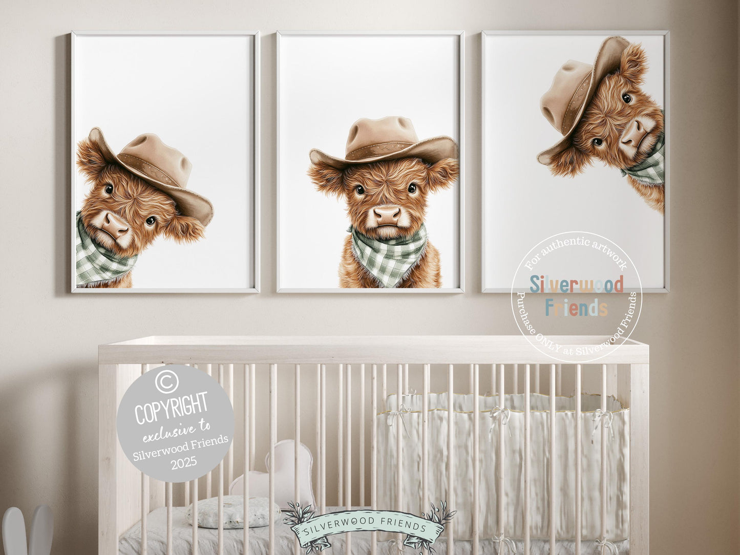 Peeking Baby Highland Cow Nursery Prints, Sage Green Highland Cow Nursery Decor, Cowboy Western Neutral Nursery Wall Art Digital Print Gift