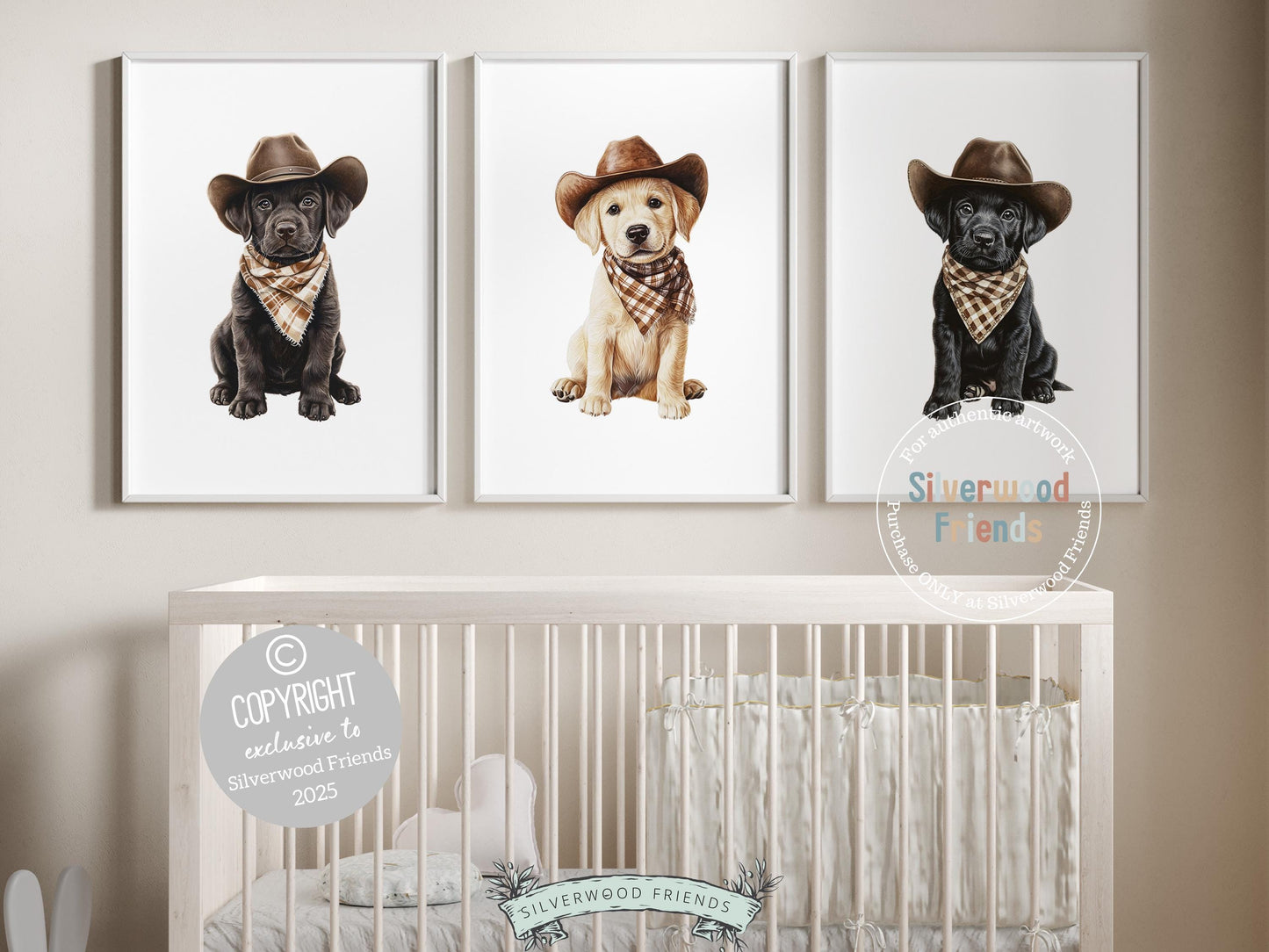 Cuteness overload! Add a dash of rustic charm to your baby’s nursery with our Cowboy Nursery Prints, featuring adorable chocolate, yellow, and black Labrador puppies sitting all decked out in cowboy hats and neutral brown check bandanas. Perfect for dog-loving families, this charming artwork brings a playful western vibe and makes a meaningful, one-of-a-kind baby shower