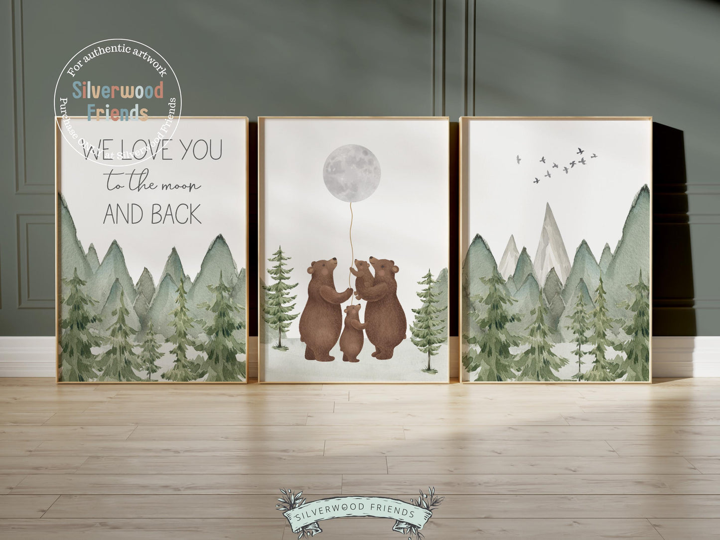 Bear Nursery Prints, Woodland Bear Nursery Decor, Mountain Nursery Print, Bear Baby Shower Gift, Love You To The Moon And Back Digital Print