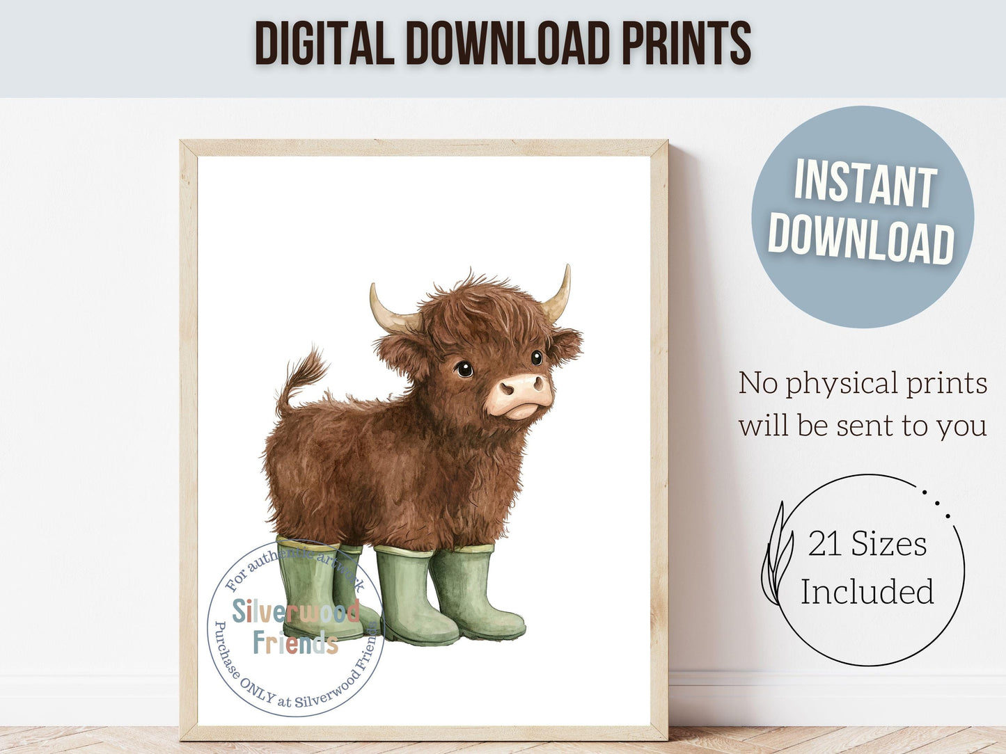 Highland Cow Nursery Prints, Sage Green Highland Cow Nursery Decor, Watercolor Highland Cow Gift, Kids Farm Bedroom Wall Decor Digital Print