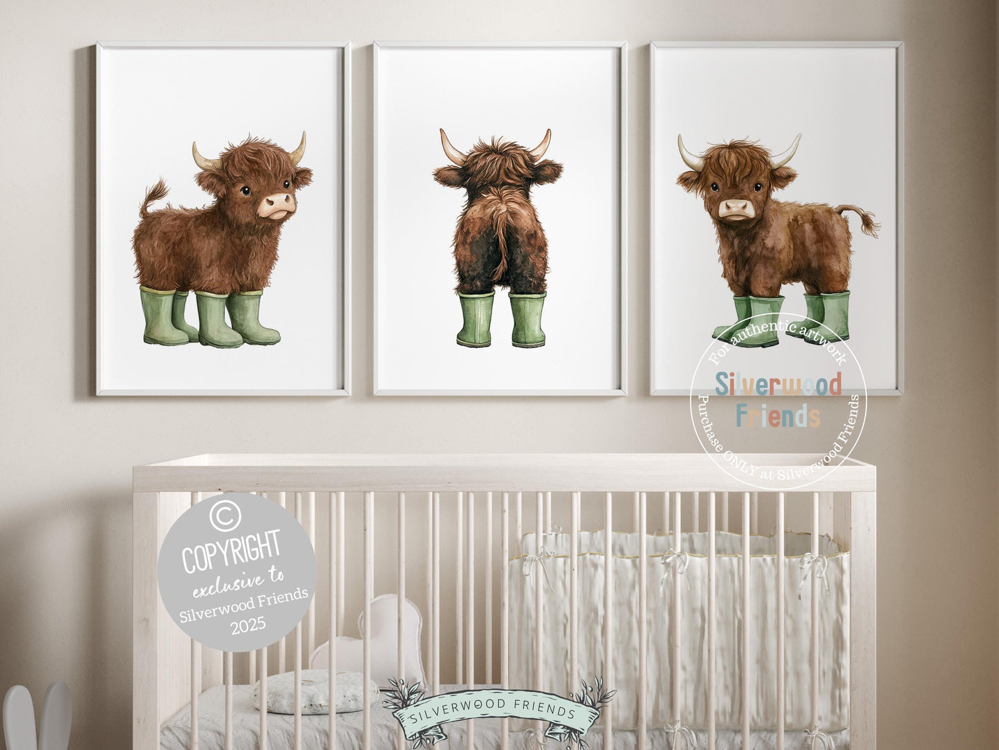 Highland Cow Nursery Prints, Sage Green Highland Cow Nursery Decor, Watercolor Highland Cow Gift, Kids Farm Bedroom Wall Decor Digital Print