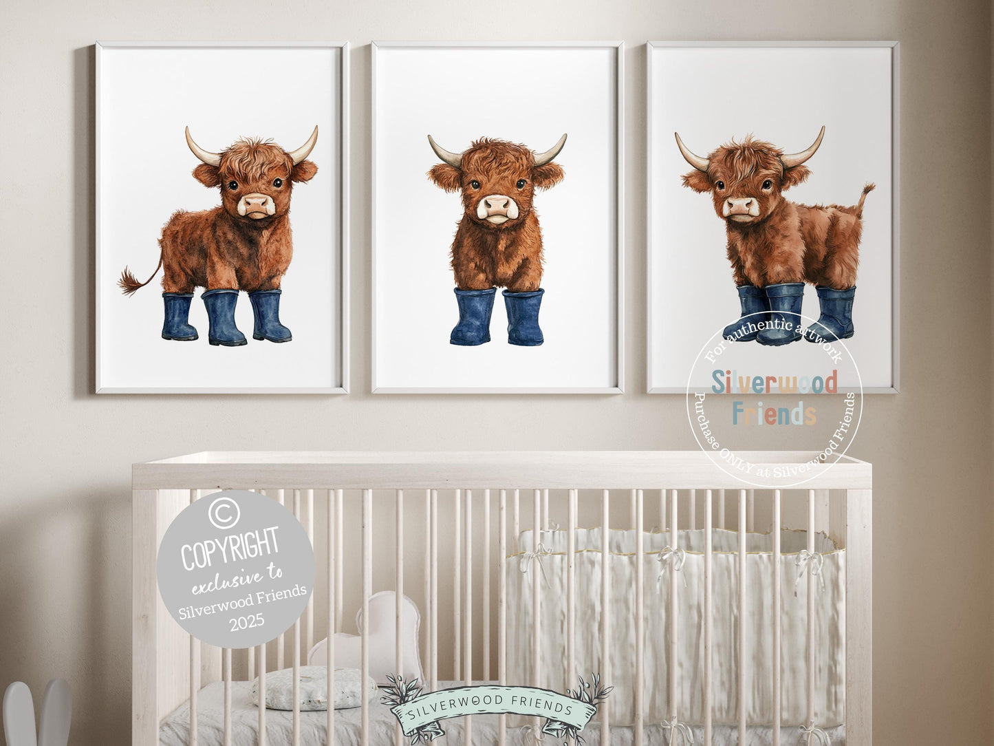 Highland Cow Nursery Prints, Navy Blue Highland Cow Nursery Decor, Watercolor Highland Cow Gift, Kids Farm Bedroom Wall Decor Digital Print