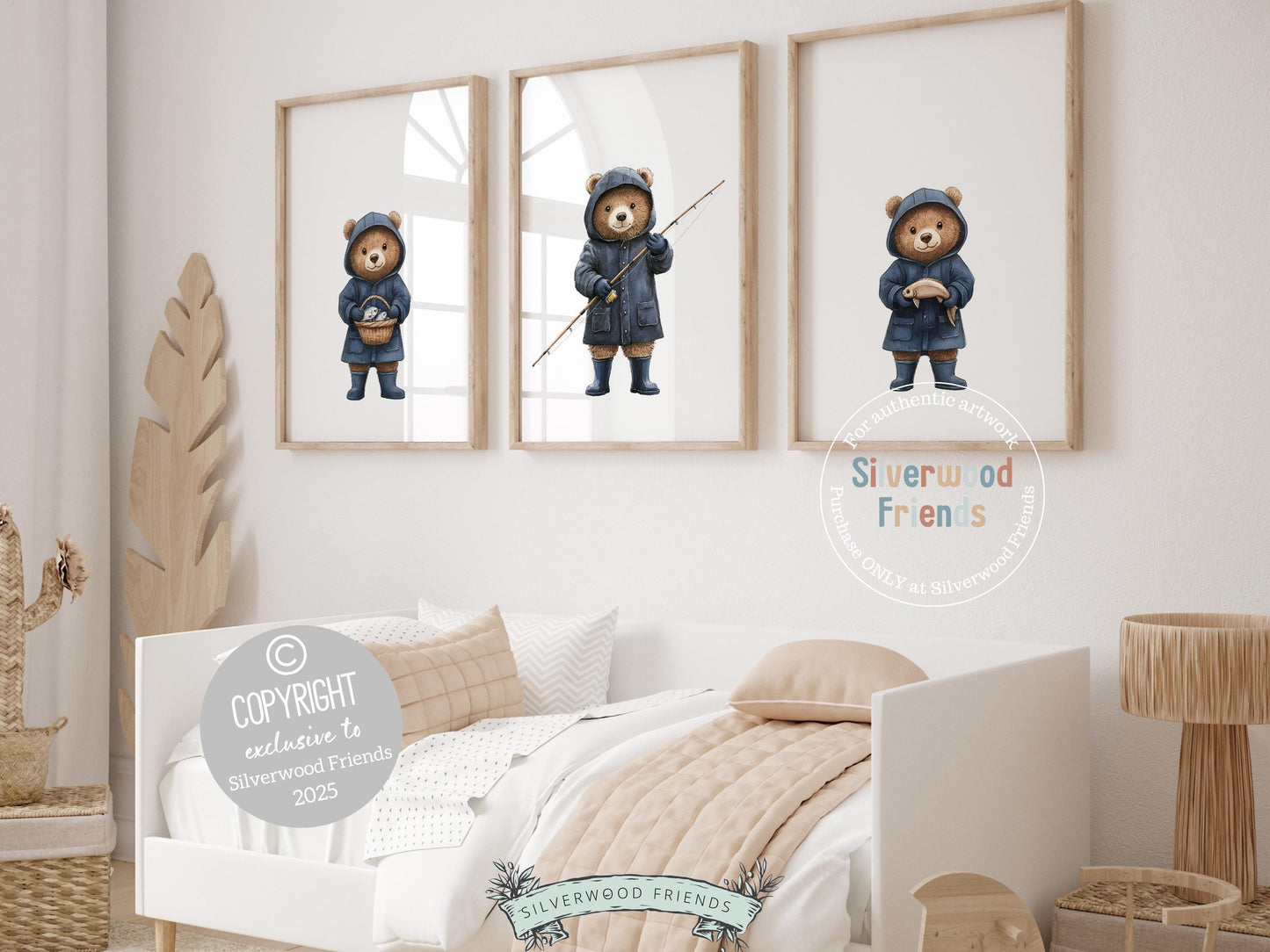 Inspire a love for the great outdoors with our Teddy Bear Fishing Nursery Print Set of 3, featuring charming bears in navy blue raincoats and boots on a fishing adventure. Perfect for an outdoor-themed nursery or as a thoughtful woodland baby shower gift, these prints bring a sense of wonder and exploration to your little one's space.