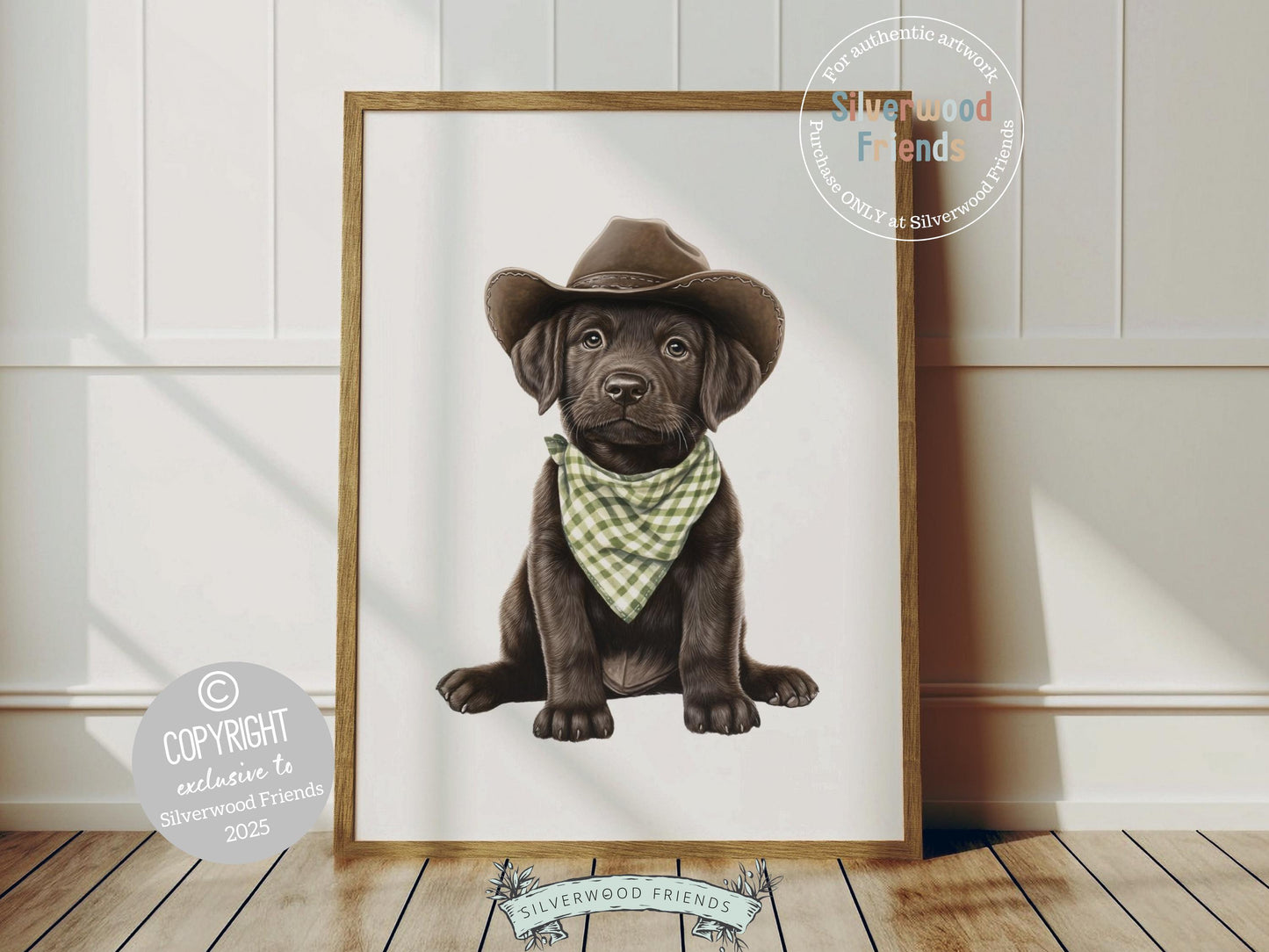 Yeehaw, meet your nursery’s newest little cowboy! Our Cowboy Nursery Print features an irresistibly sweet chocolate brown Labrador puppy nestled in a cowboy hat, sporting a sage green check bandana. A perfect pick for dog-loving families, this charming artwork adds western warmth and makes a darling baby shower gift. 🐶