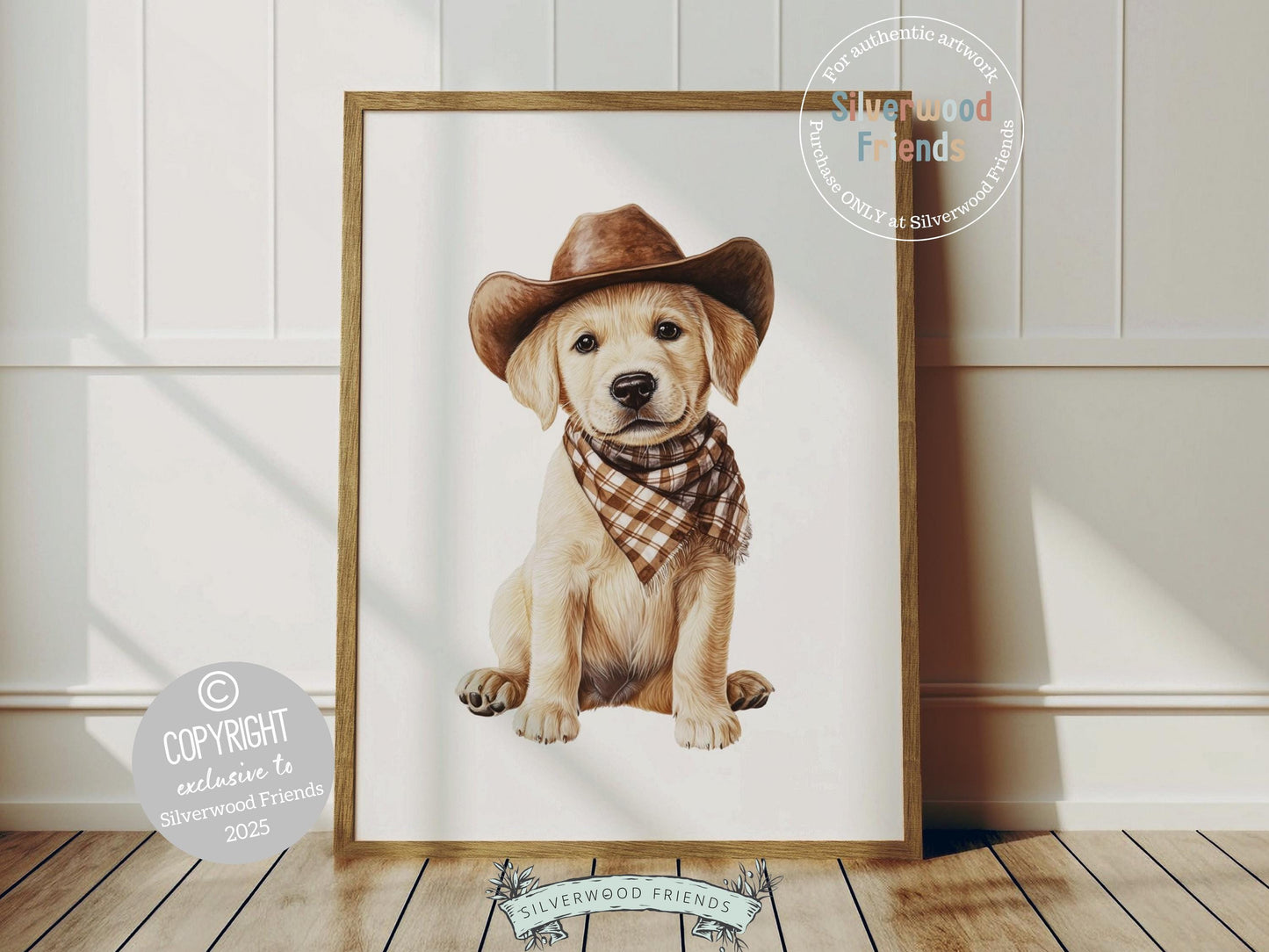 Howdy, partner! Meet your nursery’s newest cowboy—an adorable blonde Labrador puppy snuggled inside a cowboy hat and dressed in a brown check bandana. Perfect for dog-loving families, this heartwarming print brings rustic charm to any western-themed nursery and makes an unforgettable baby shower gift. 🐾🤎🤠