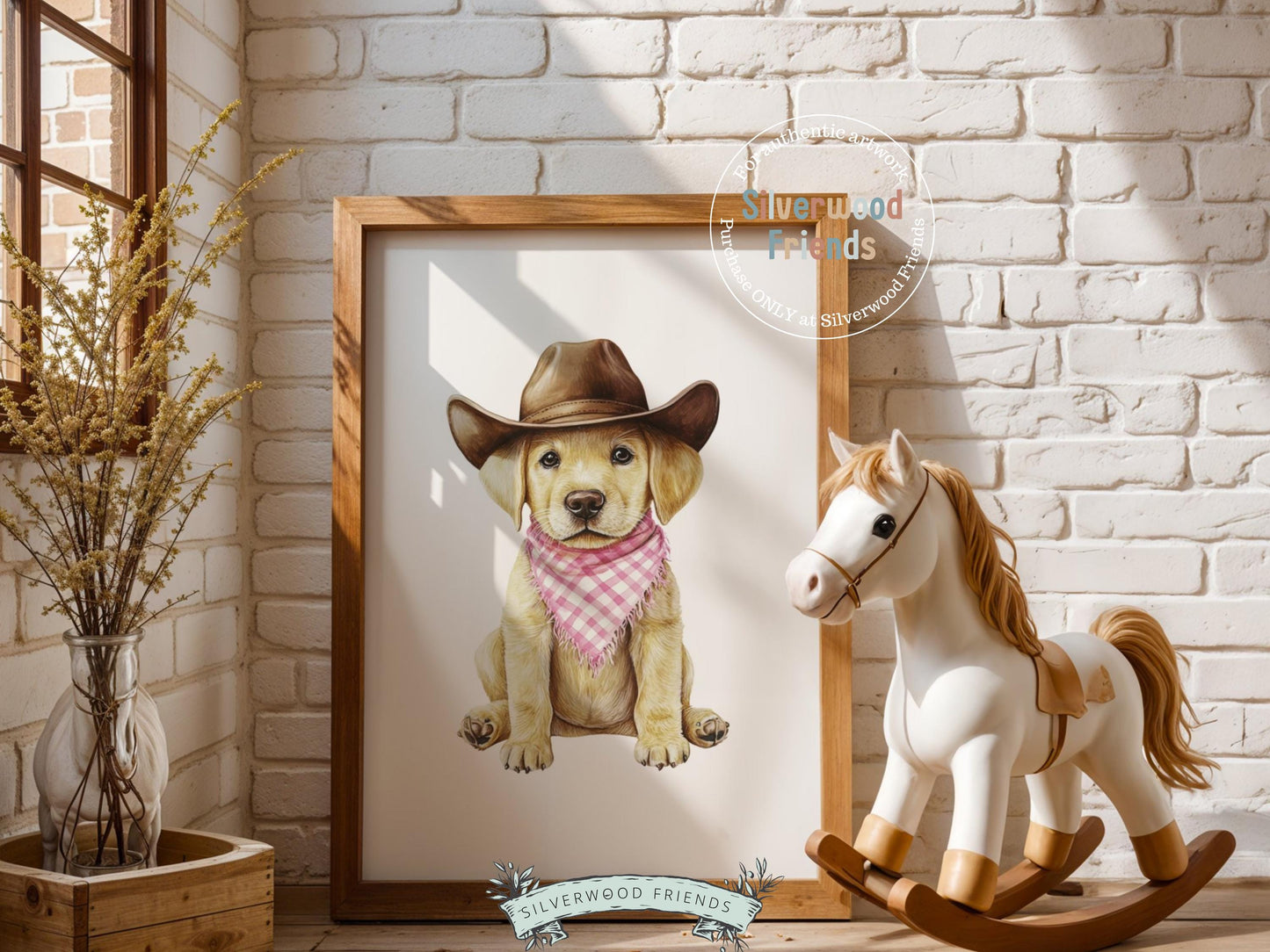 Labrador Dog Cowboy Hat Print, Baby Girl Pink Cowboy Western Dog Nursery Decor, Dog Nursery Wall Art, Labrador Pet Portrait Digital Print