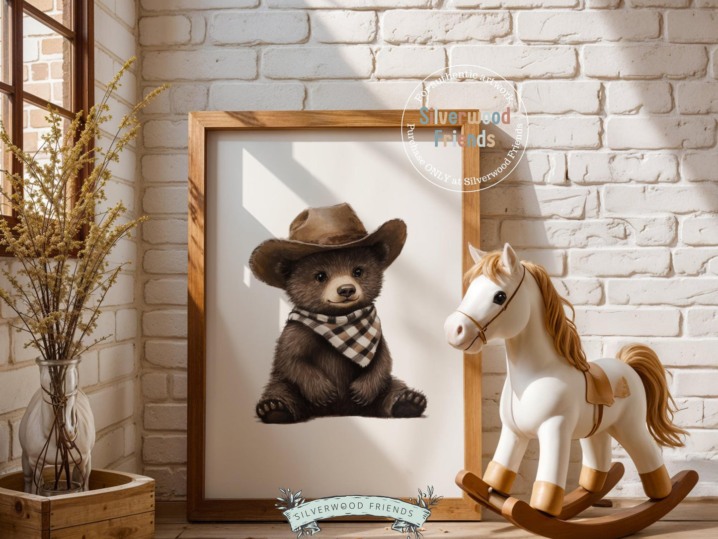 Woodland Bear Nursery Print, Cowboy Bear Nursery Decor, Neutral Western Nursery Decor, Baby Woodland Bear Nursery Wall Art Digital Print