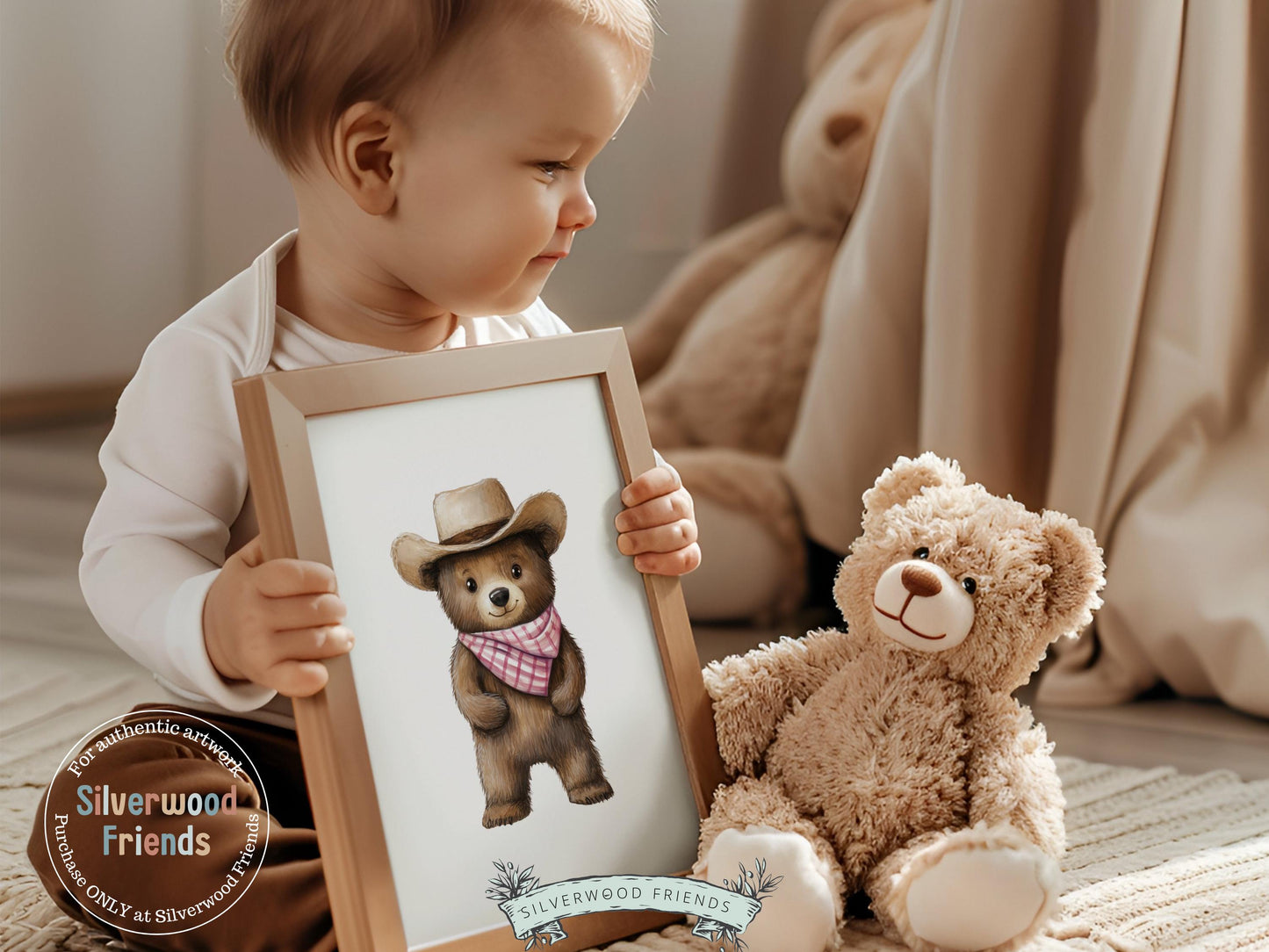 Woodland Bear Nursery Print, Baby Girl Cowgirl Western Nursery Decor, Pink Cowgirl Bear Nursery Wall Art, Girls Farmhouse Room Digital Print