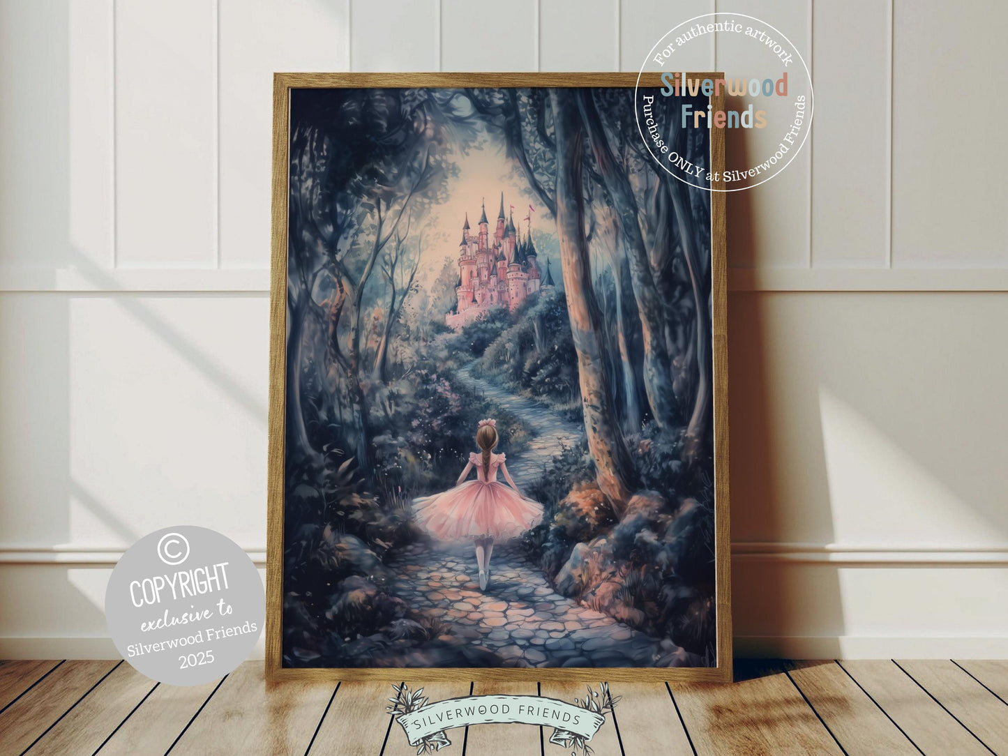 Step into a storybook scene with our dreamy Princess Nursery Print, featuring a sweet little ballerina making her way toward an enchanted woodland castle. Perfect for a princess-themed nursery, this magical artwork adds a touch of wonder and fairytale charm to your baby girl’s special space. 👑🌸🏰