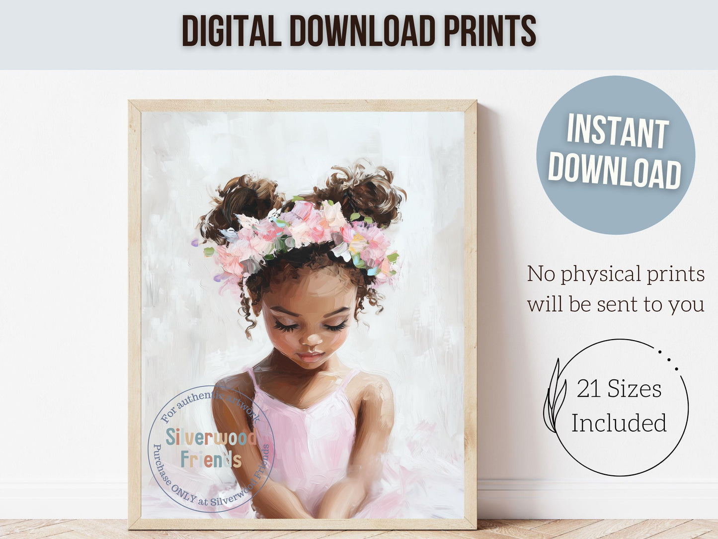 Black Ballerina Nursery Print, African American Ballerina Nursery Decor, Little Black Girl Pink Floral Ballet Nursery Wall Art Digital Print
