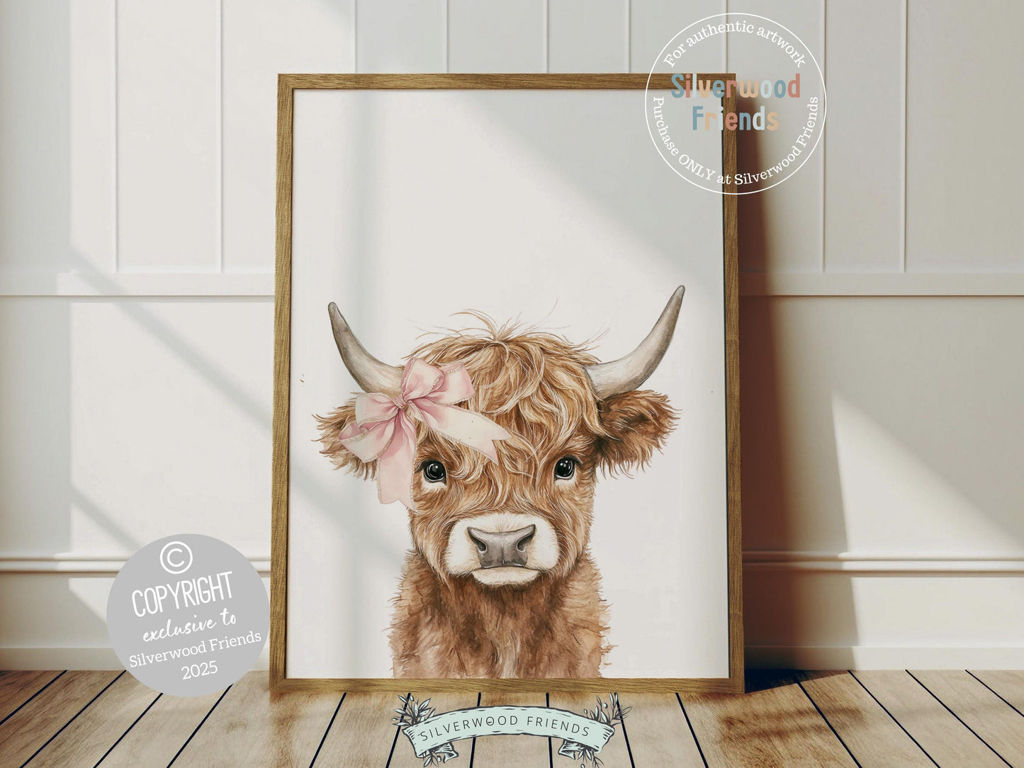 Our adorable Baby Highland Cow Nursery Print features a charming light brown Highland calf wearing an adorable pink bow in a simple, minimalist style—perfect for farm-themed nurseries or western-inspired bedrooms. Its versatile design makes it a lovely gift and a sweet addition to a variety of home decor styles. 🐮🌾