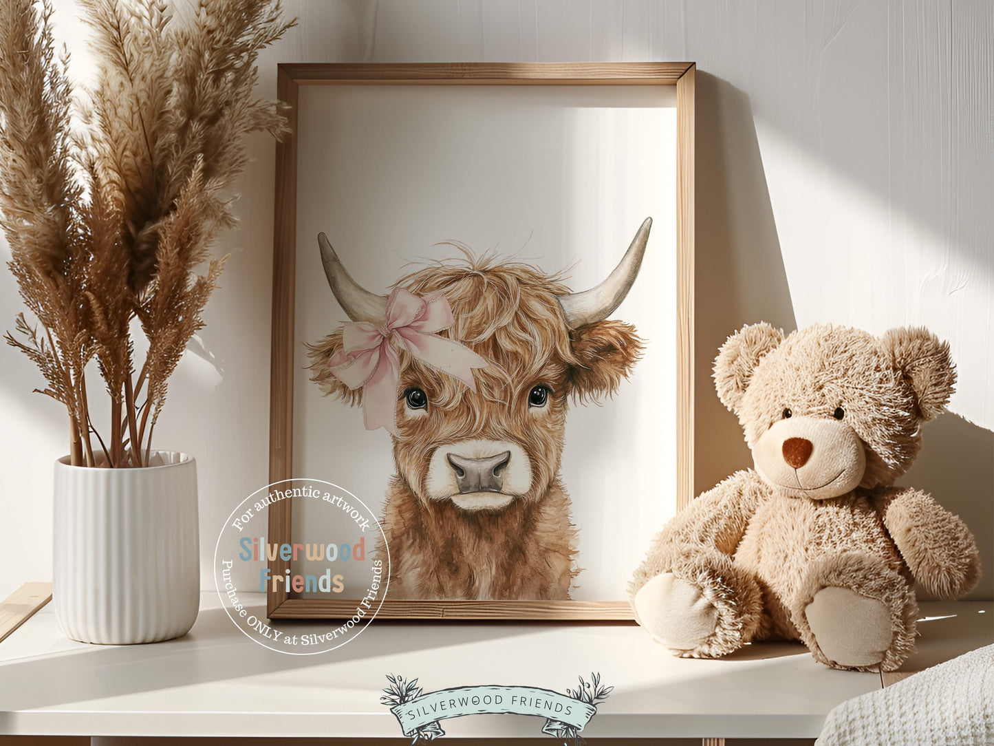 Baby Girl Highland Cow Nursery Print, Baby Girl Highland Cow Bow Nursery Decor, Western Cowgirl Country Farm Animal Nursery Digital Print