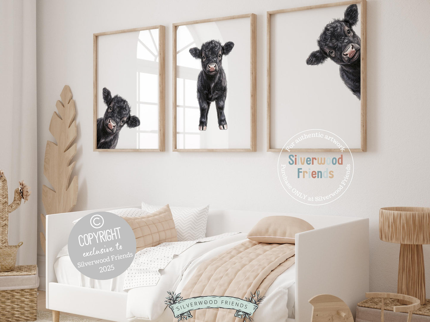 Our Peeking Highland Cow Nursery Prints showcase adorable baby Angus calves on a crisp white background, adding charm to any country or western-themed nursery. A perfect gender-neutral baby shower gift, these prints bring a rustic, heartwarming touch to your little one’s space.