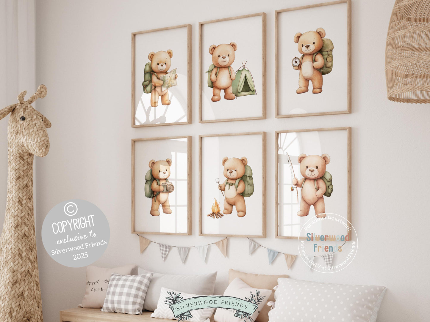 Add a sense of adventure to your little one’s room with our adorable Camping Nursery Prints, featuring teddy bears in sage green hiking backpacks on a camping adventure. Perfect for a woodland or forest-themed nursery, they also make a charming camping-inspired baby shower gift!