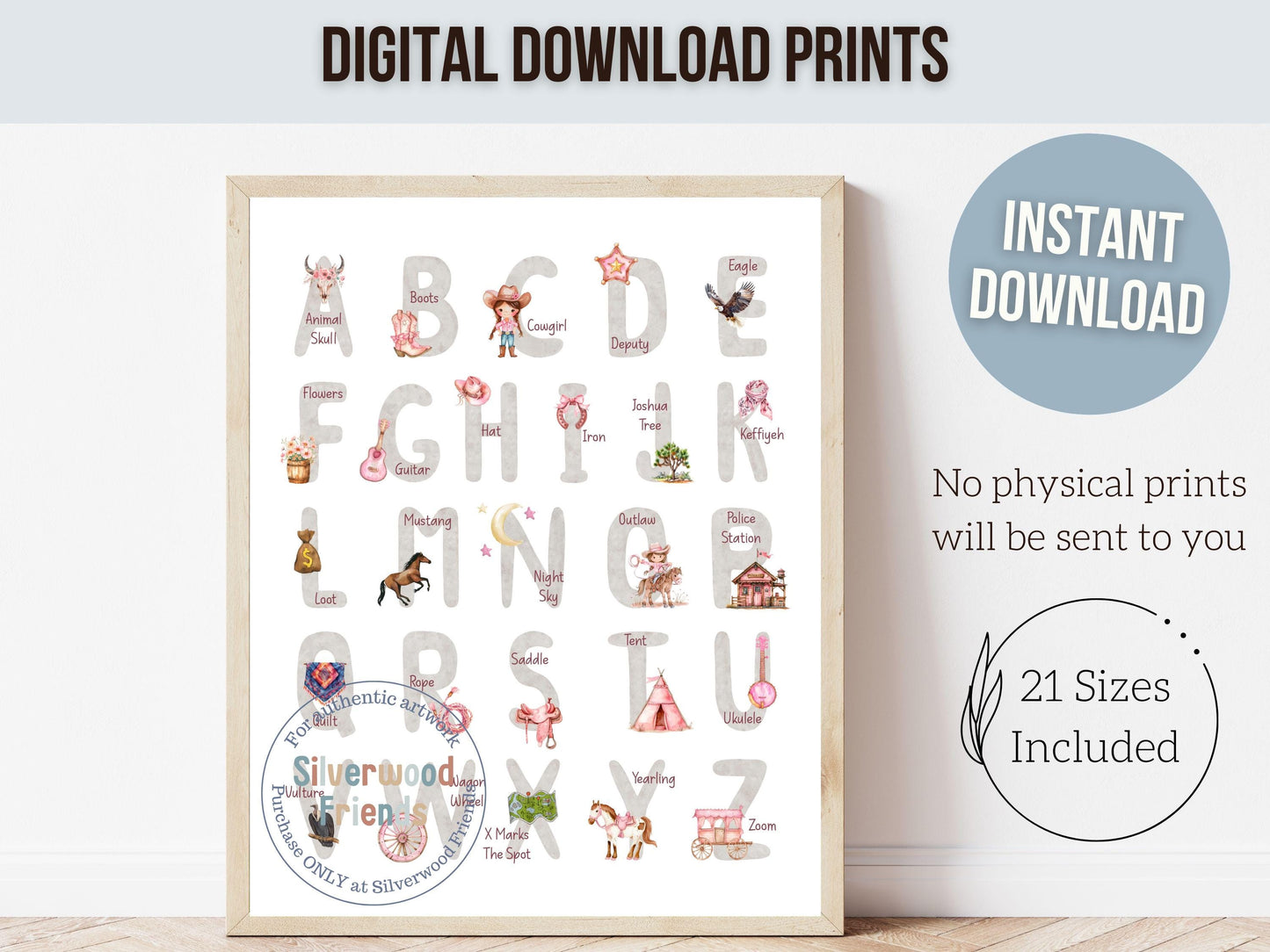 Cowgirl Alphabet and Number Print, Baby Girl Western Nursery Decor, Farmhouse Playroom Decor, Educational Classroom ABC Poster Digital Print