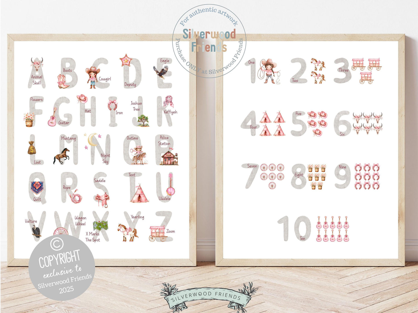 Add a touch of Western charm to your baby girl’s nursery with our Cowgirl Alphabet and Number Prints. Featuring soft watercolor illustrations in a beautiful palette of pink, grey, and maroon, these prints make learning fun while doubling as stylish decor—perfect for a cowgirl-themed nursery or a thoughtful, one-of-a-kind baby shower gift.