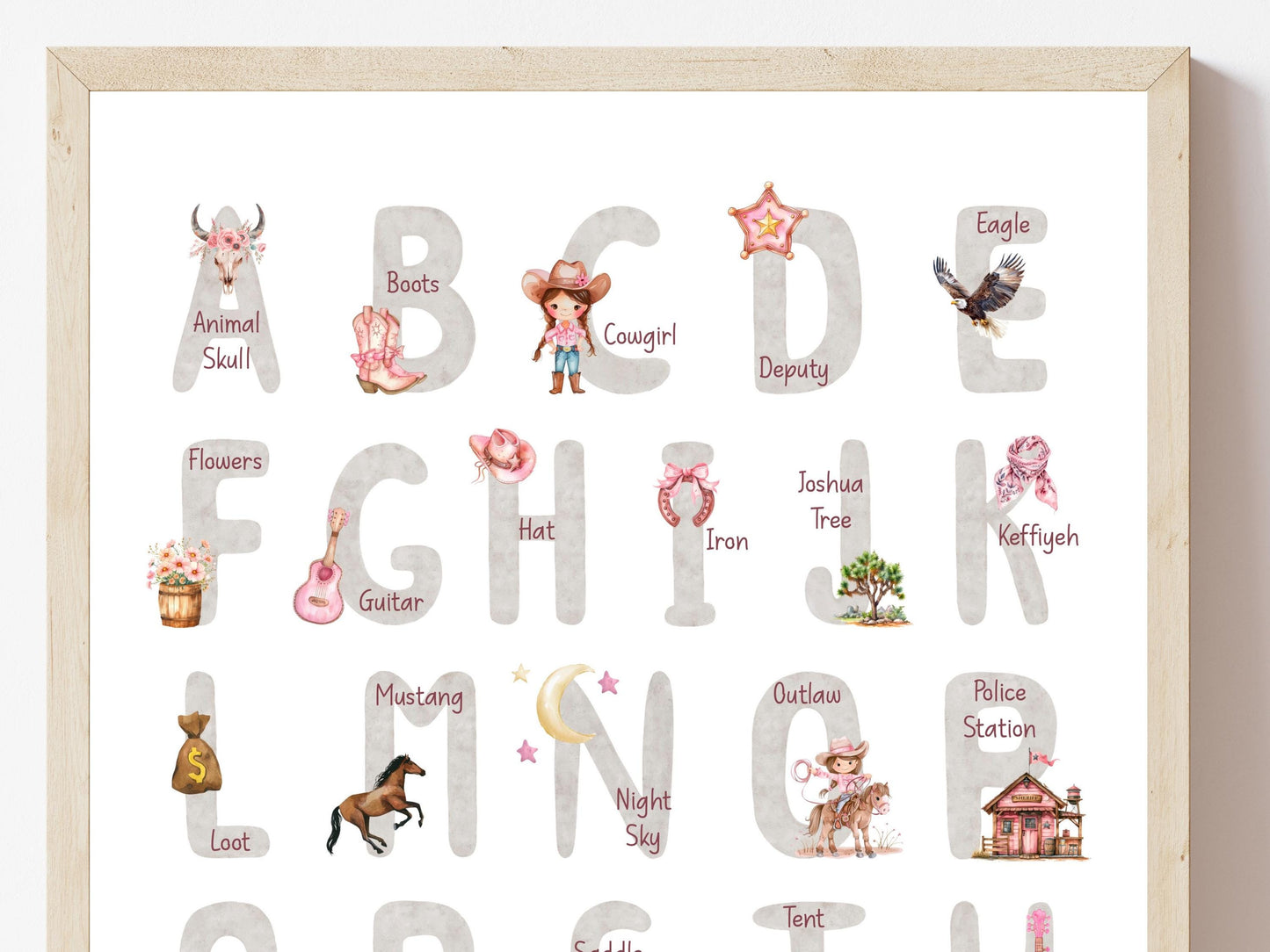 Cowgirl Alphabet and Number Print, Baby Girl Western Nursery Decor, Farmhouse Playroom Decor, Educational Classroom ABC Poster Digital Print