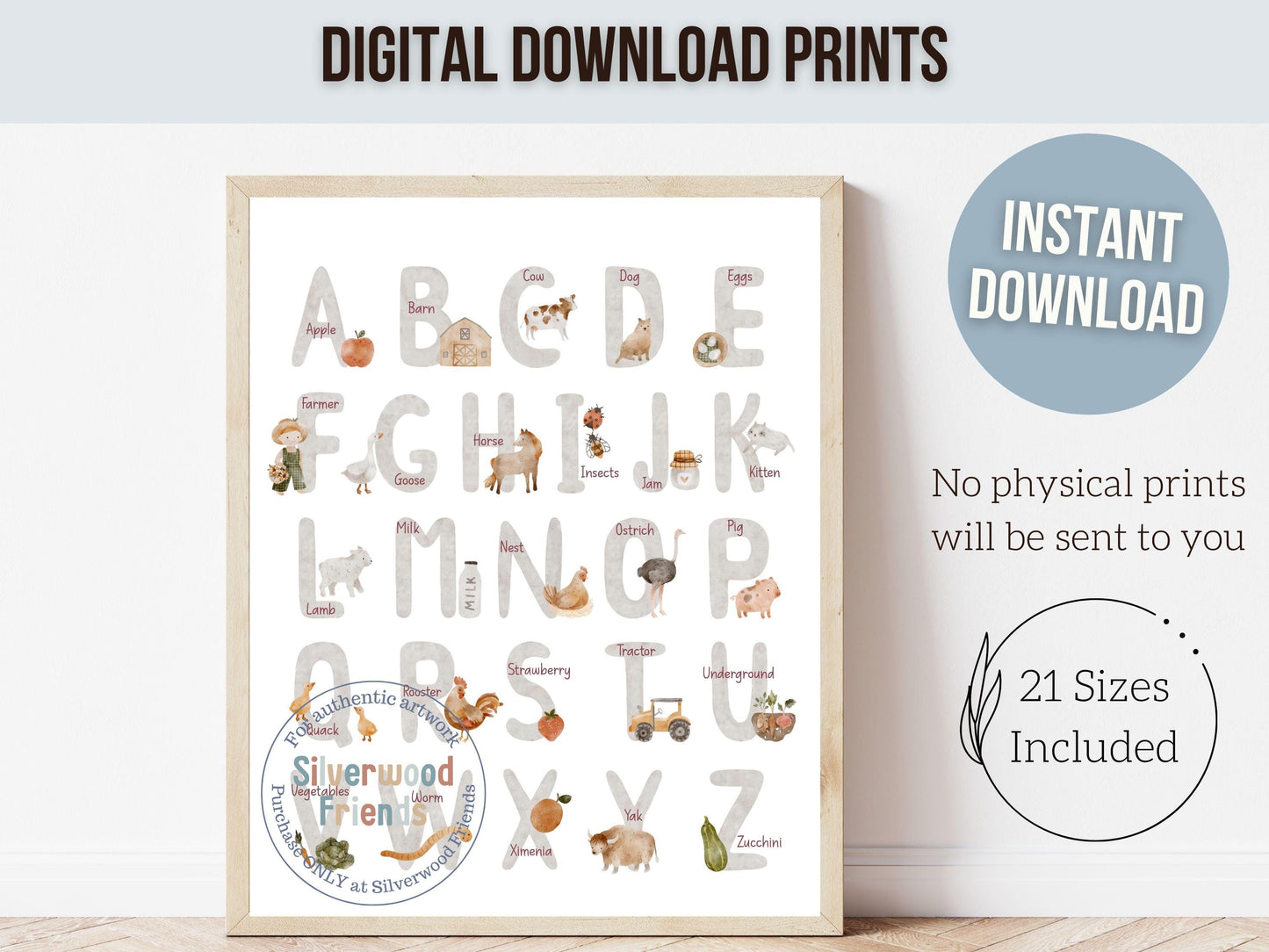 Farm Alphabet and Numbers Print, Farm Animals Nursery Wall Art, Farm Animal Poster, Homeschool Educational ABC Alphabet Poster Digital Print