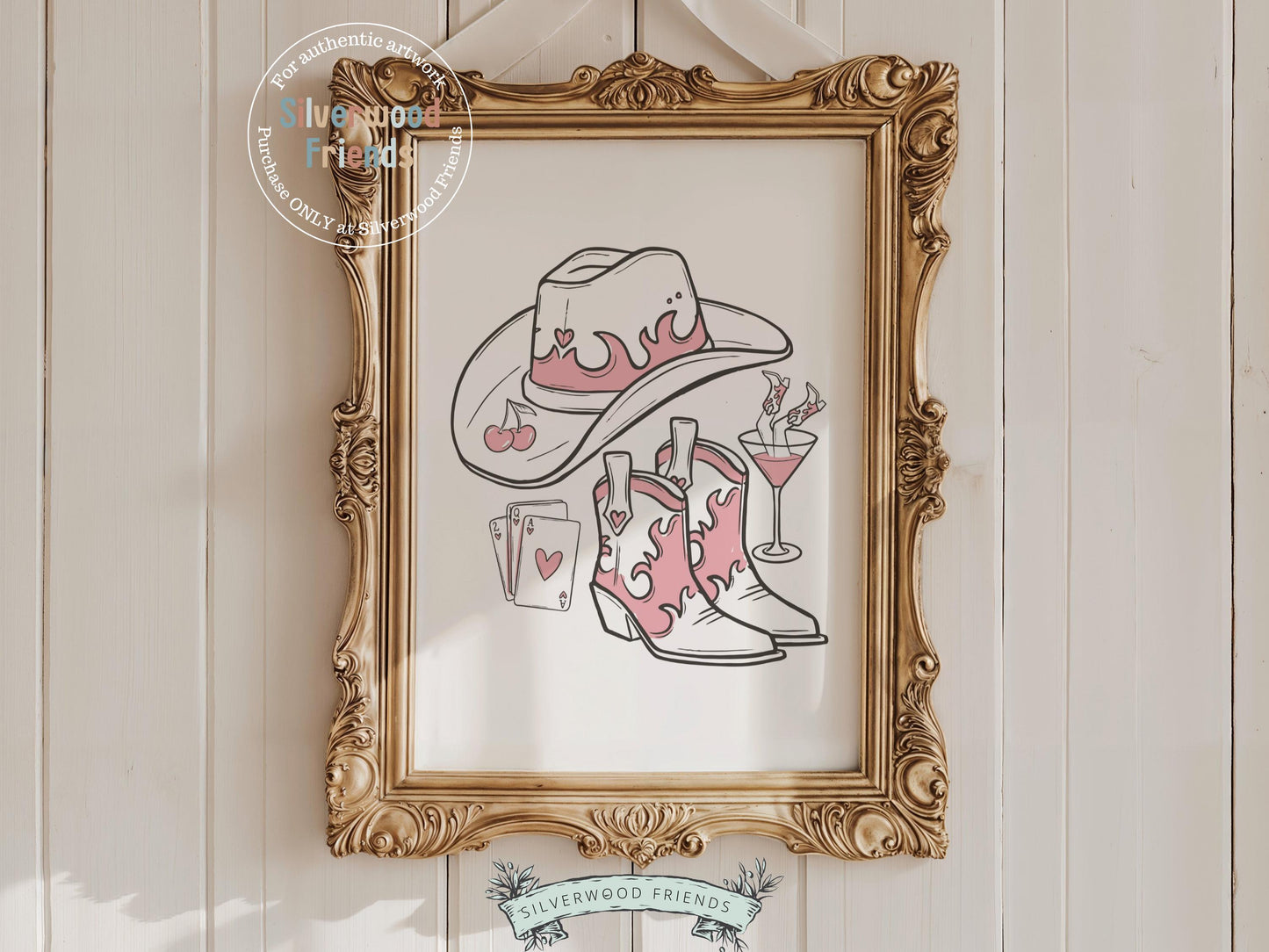 Bring a bit of western sass to your space with our Cowgirl Print, showcasing chic line drawings of a cowgirl hat, boots, martini glass, and playing cards. Perfect for country-themed decor, this versatile artwork adds playful charm to any cowgirl-inspired room or gallery wall.
