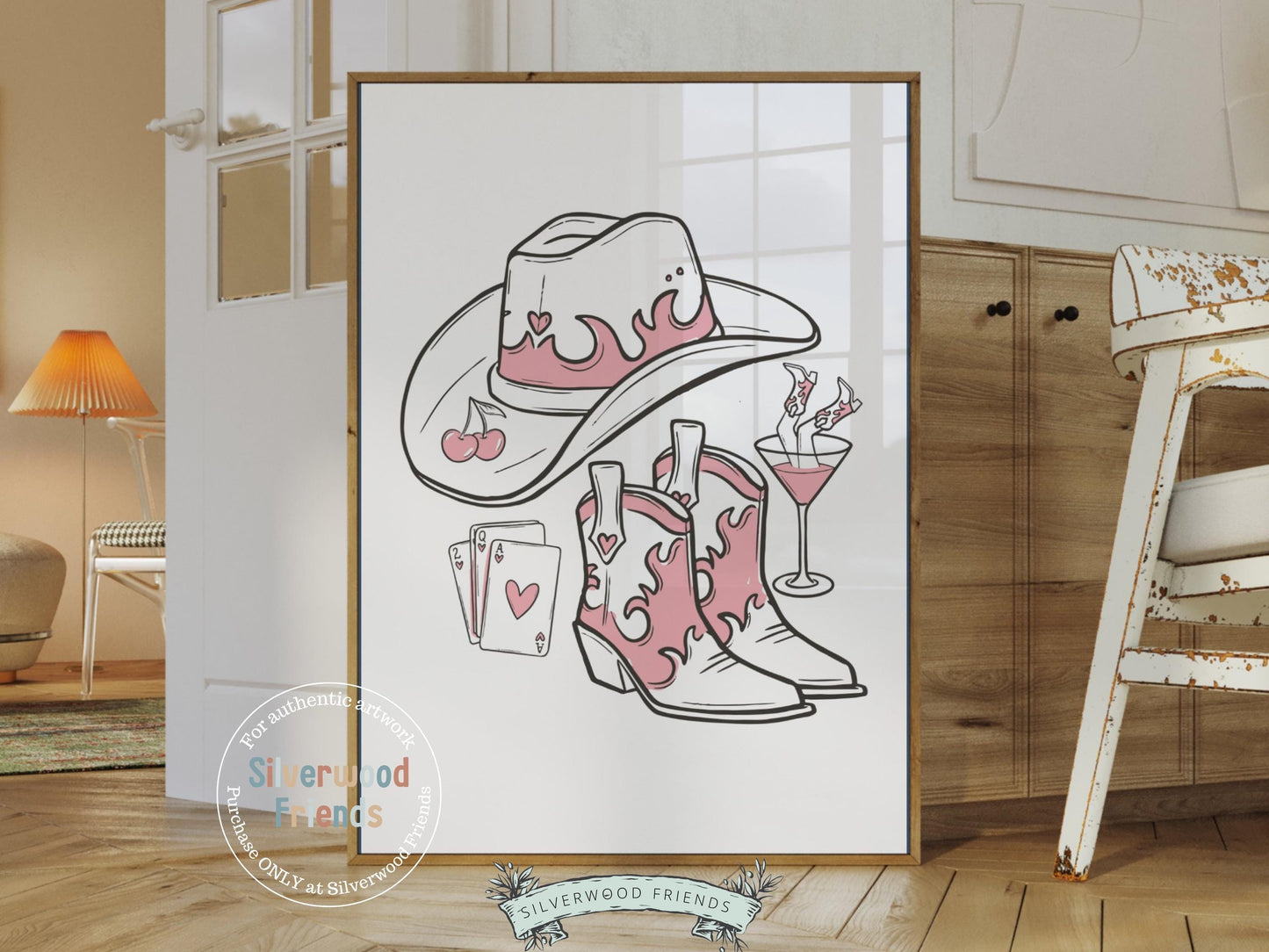 Bring a bit of western sass to your space with our Cowgirl Print, showcasing chic line drawings of a cowgirl hat, boots, martini glass, and playing cards. Perfect for country-themed decor, this versatile artwork adds playful charm to any cowgirl-inspired room or gallery wall.