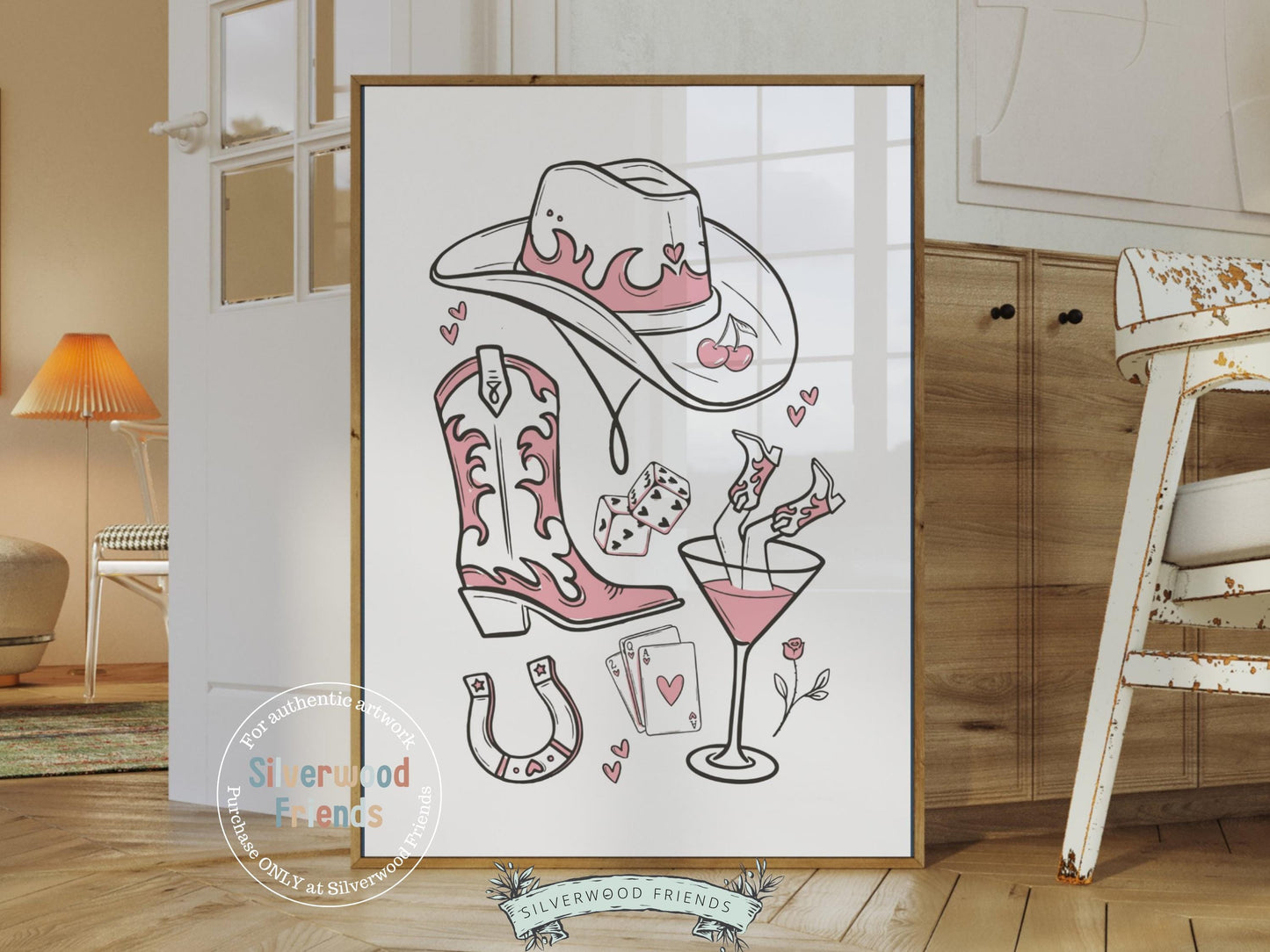 Pink Cowgirl Hat Print, Cowgirl Boots Print, Martini Print, Coquette Room Decor, Western Horse Shoe Wall Art, Dopamine Decor Digital Print