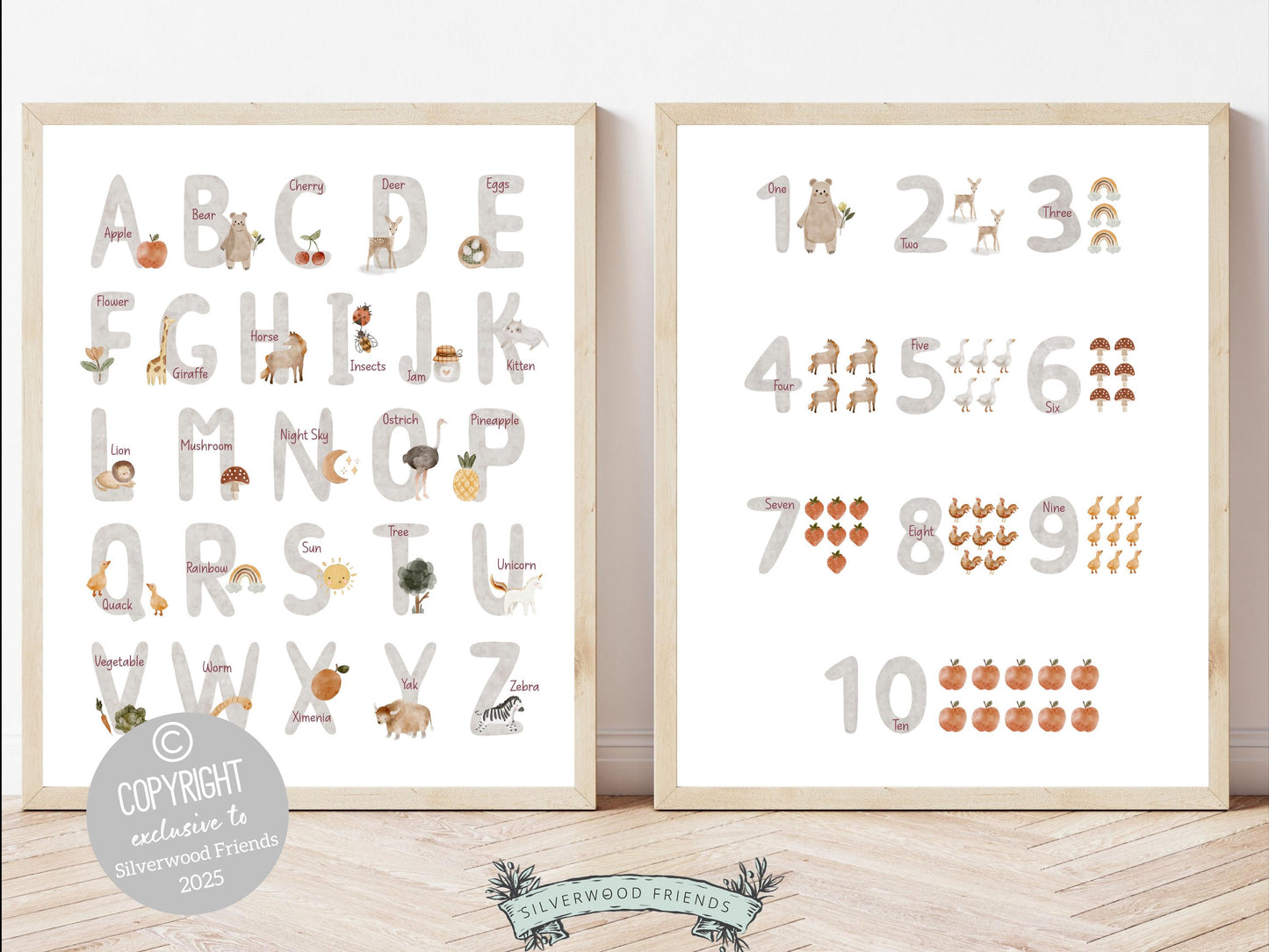 Introduce the ABCs and 123s in style with our beautifully illustrated Woodland Alphabet and Number Posters, featuring charming watercolor woodland animals and nature elements. A perfect match to our BEST SELLING Boho Woodland Nursery Prints, they’re ideal for woodland-themed nursery decor and make a lovely gender-neutral baby shower gift. 🌲🦊📚