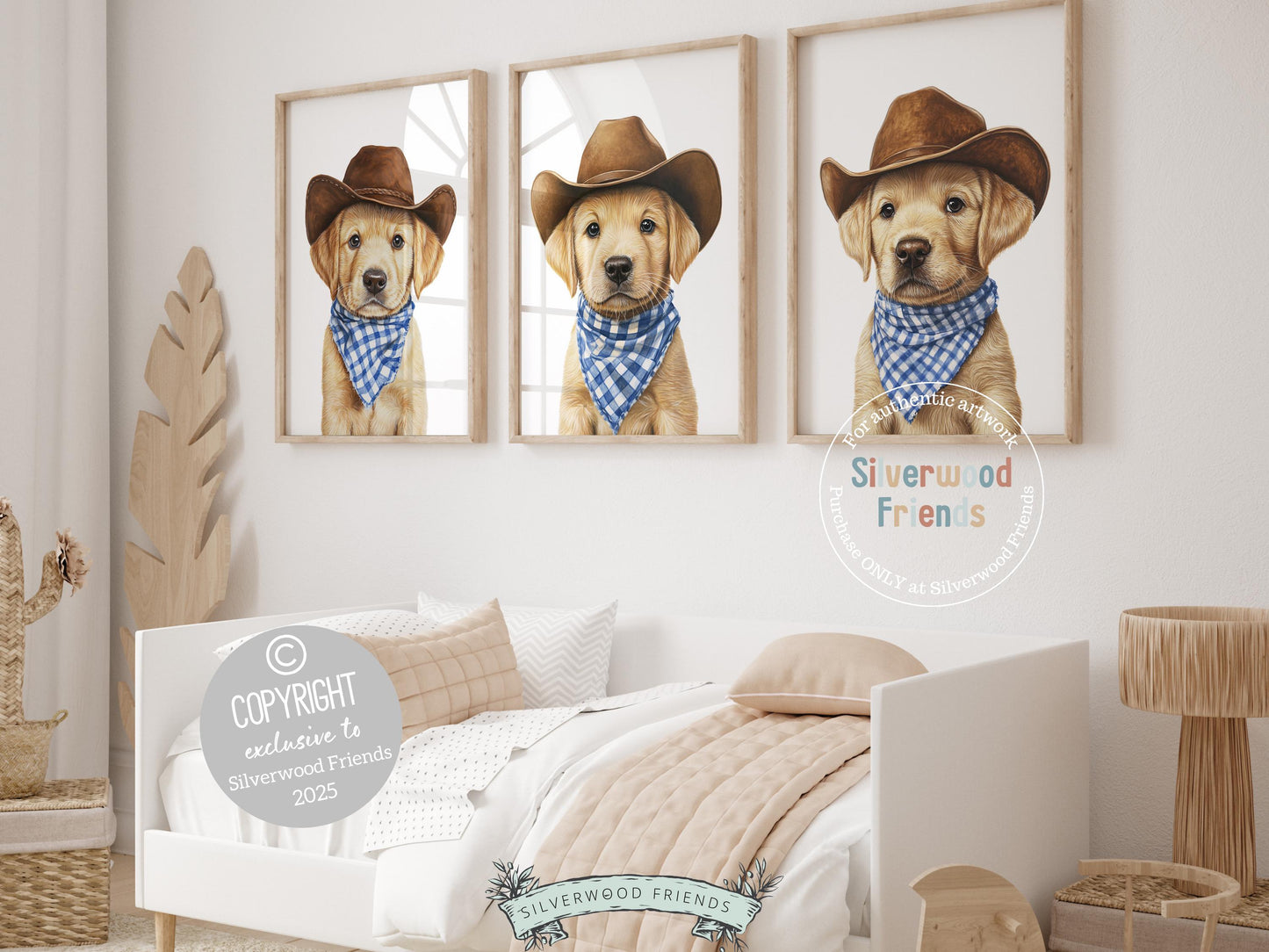 Too cute to resist! Bring rustic charm to your baby’s nursery with our Cowboy Nursery Prints, starring sweet blonde labrador puppies in cowboy hats and blue check bandanas. Perfect for dog-loving families, this playful western artwork adds warmth and makes a unique, thoughtful baby shower gift.
